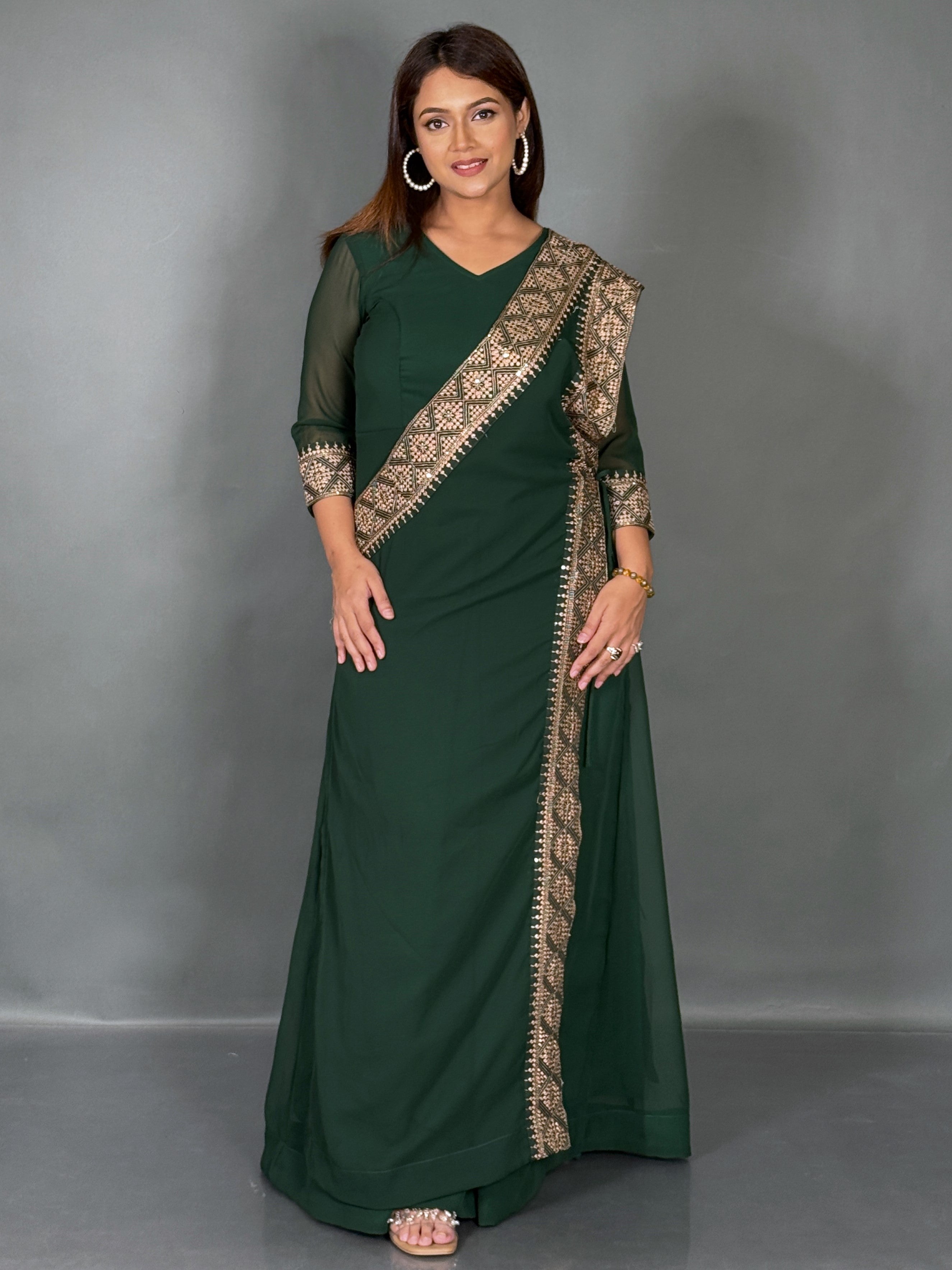 Emerald Green Embroidered Fusion Gown with Dupatta