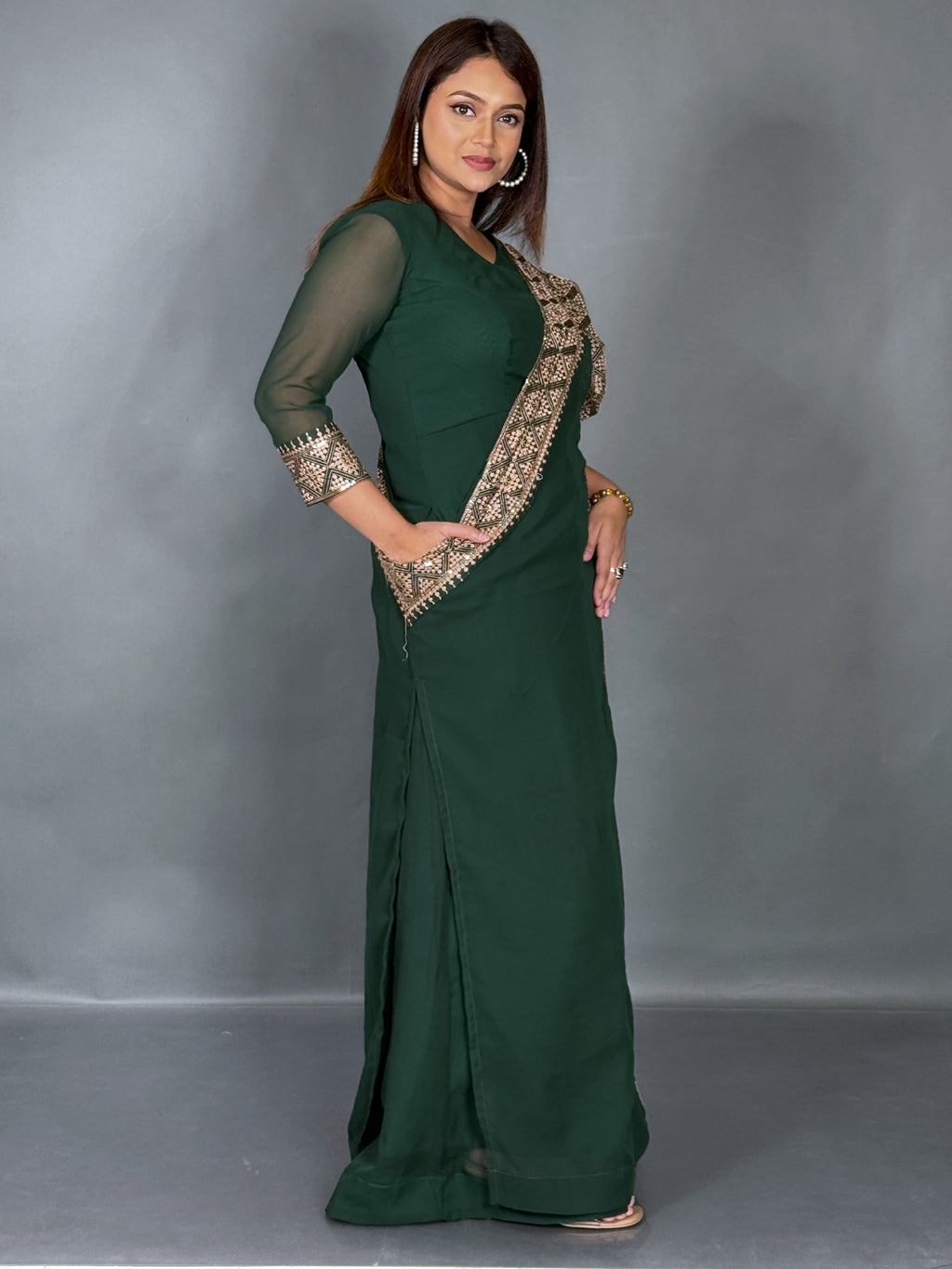 Emerald Green Embroidered Fusion Gown with Dupatta