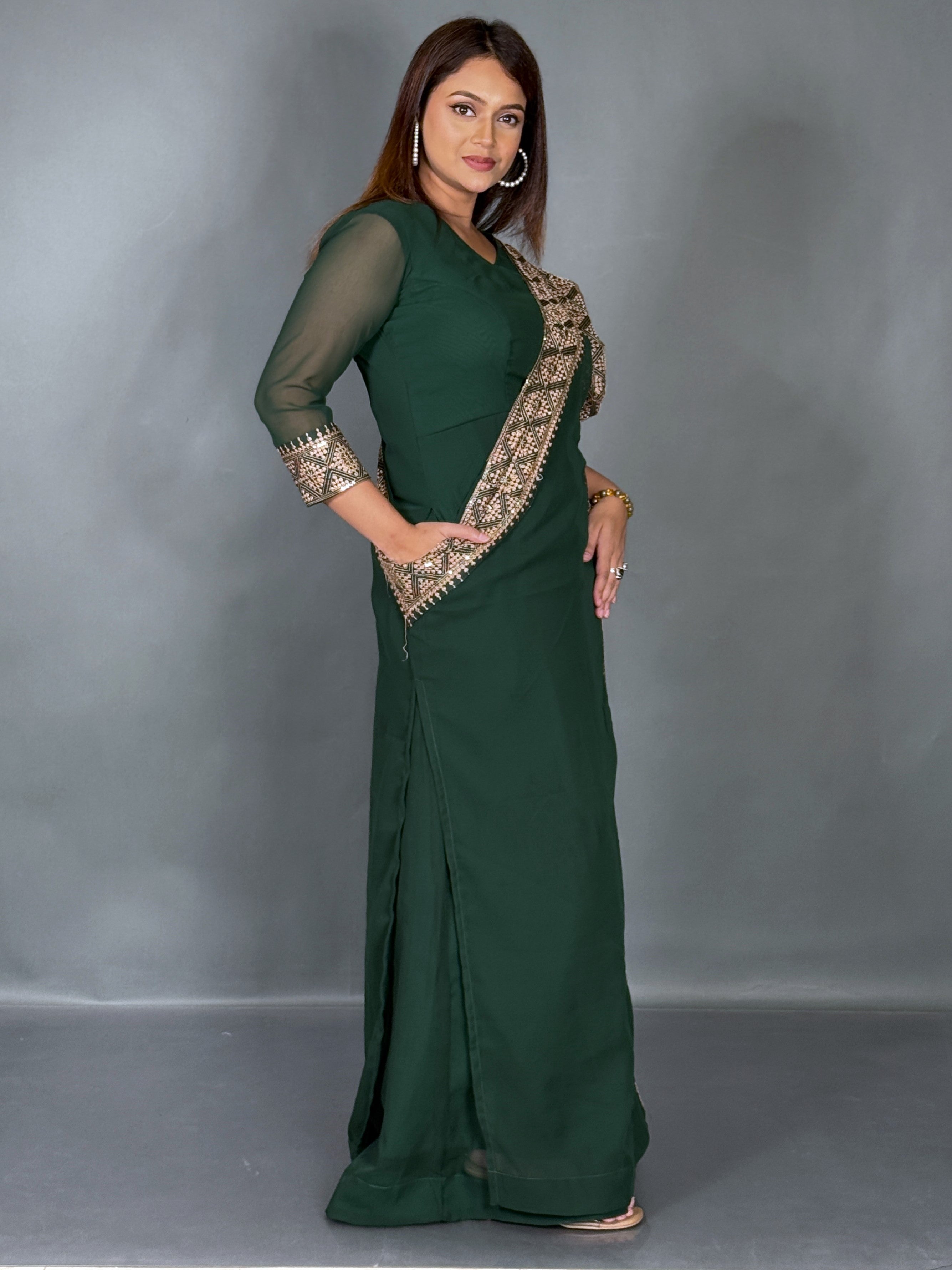 Emerald Green Embroidered Fusion Gown with Dupatta