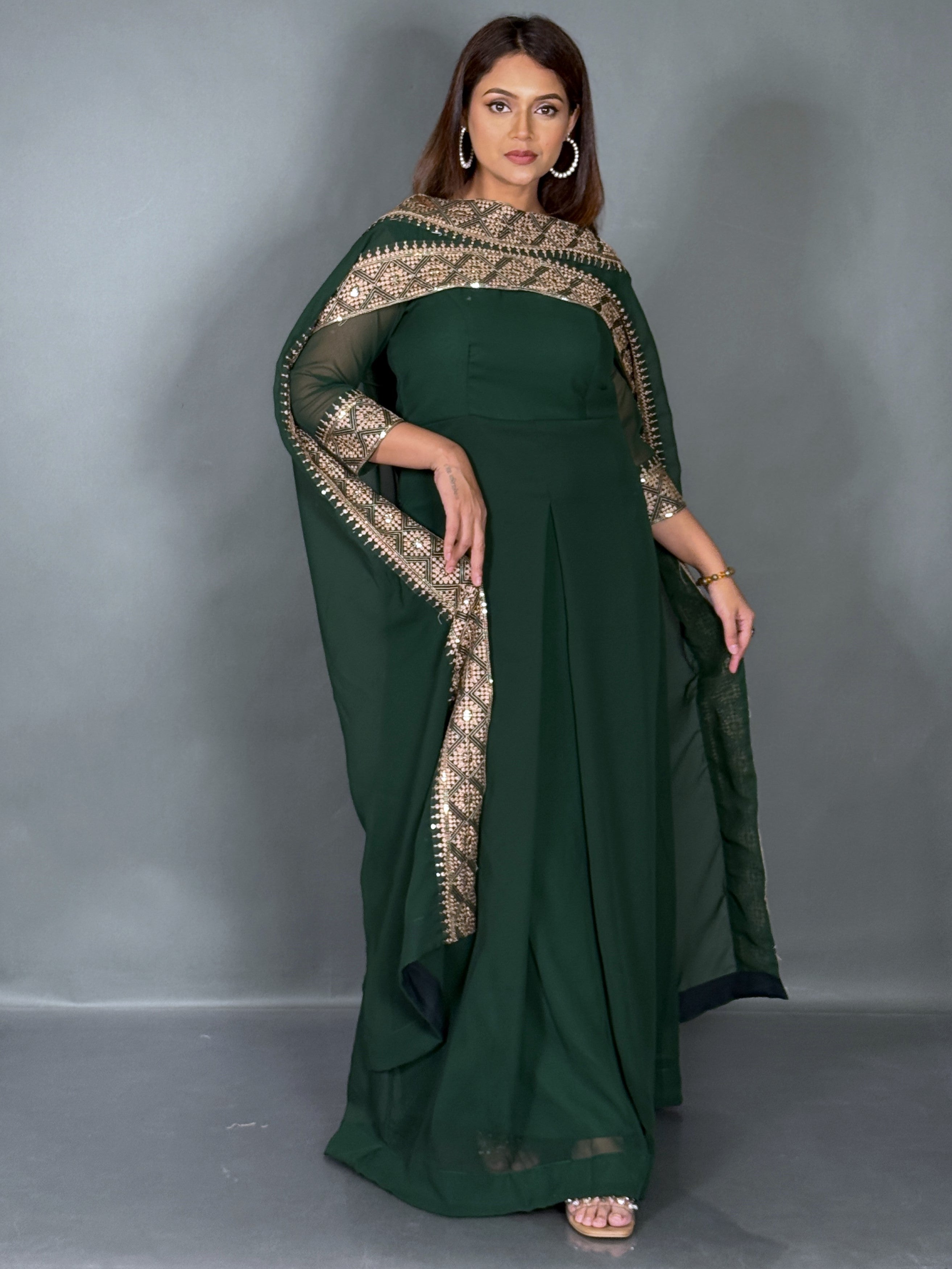 Emerald Green Embroidered Fusion Gown with Dupatta