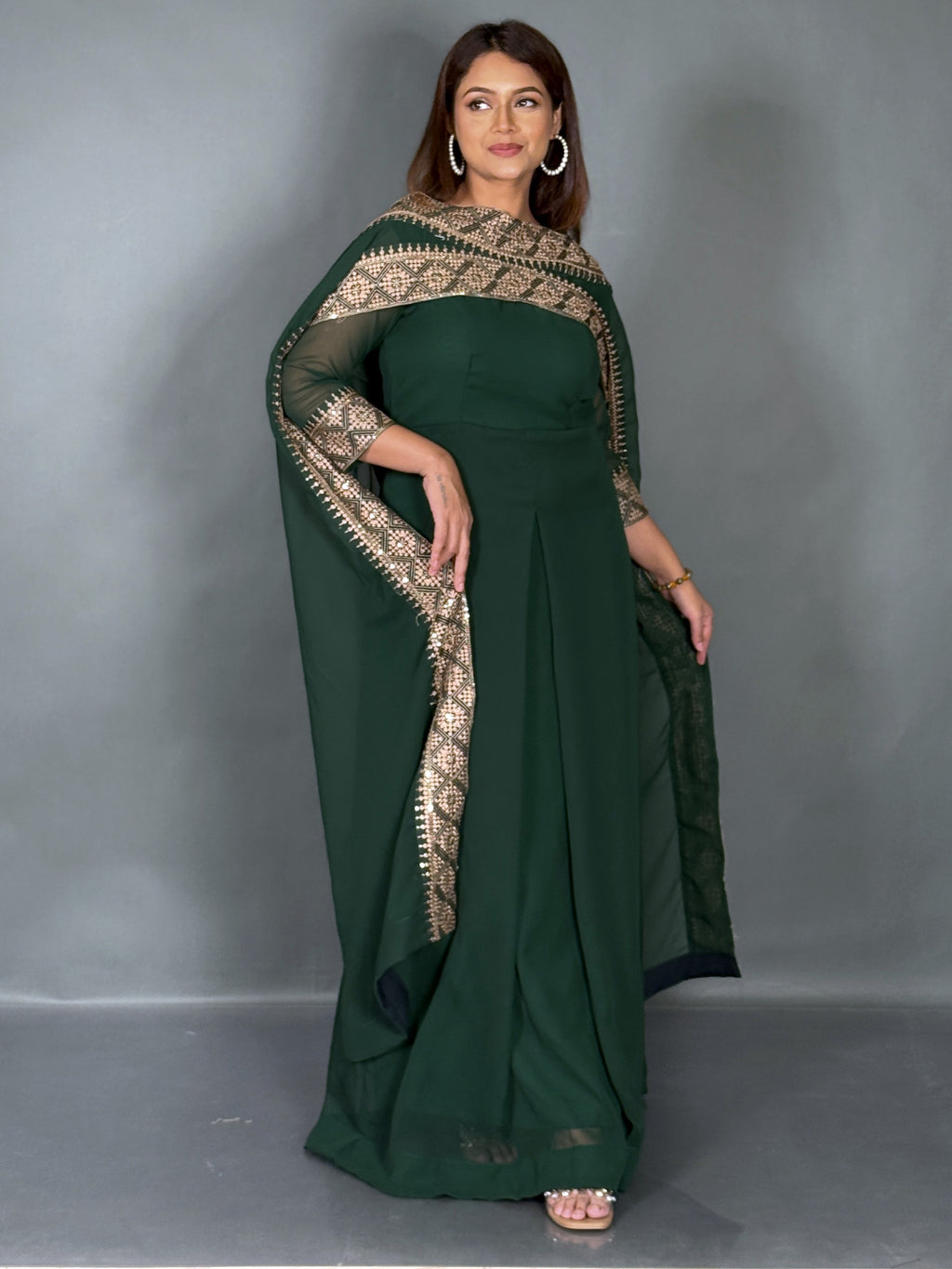Emerald Green Embroidered Fusion Gown with Dupatta