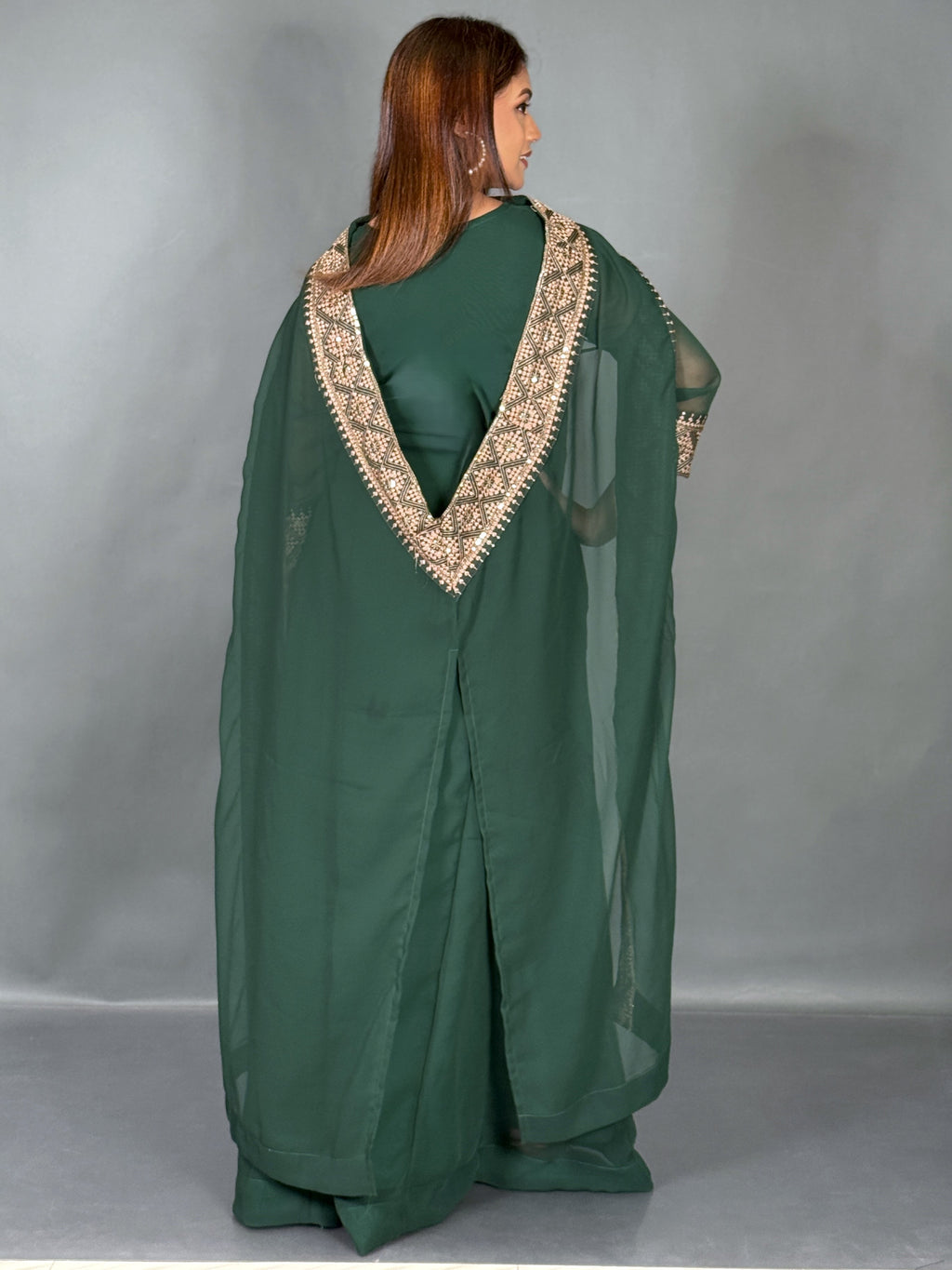 Emerald Green Embroidered Fusion Gown with Dupatta