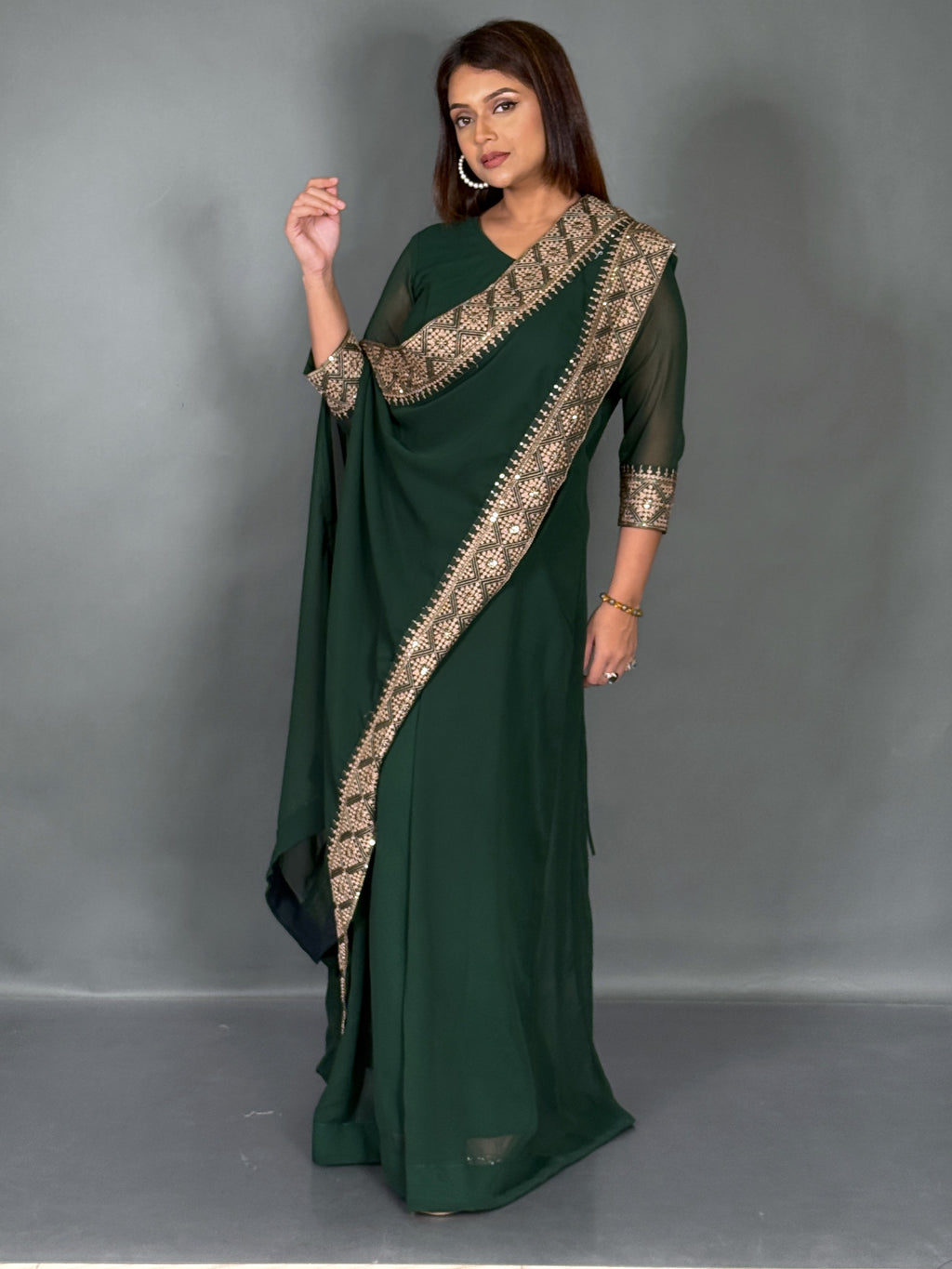 Emerald Green Embroidered Fusion Gown with Dupatta