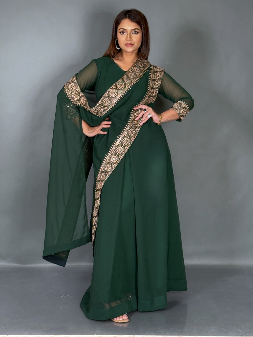 Emerald Green Embroidered Fusion Gown with Dupatta