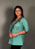 Sea Green Blossom Printed Cotton Short Kurti