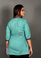 Sea Green Blossom Printed Cotton Short Kurti