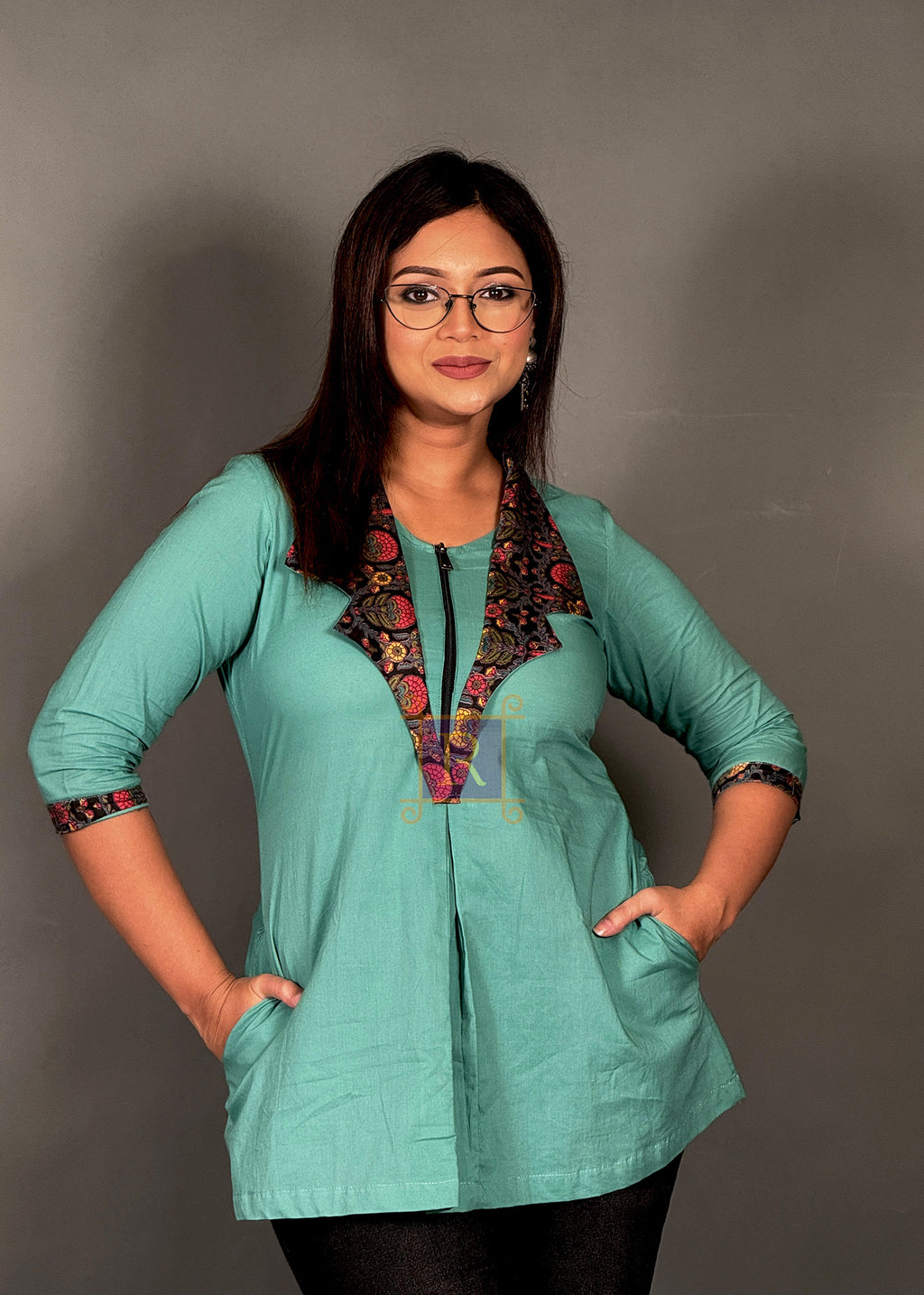 Sea Green Blossom Printed Cotton Short Kurti