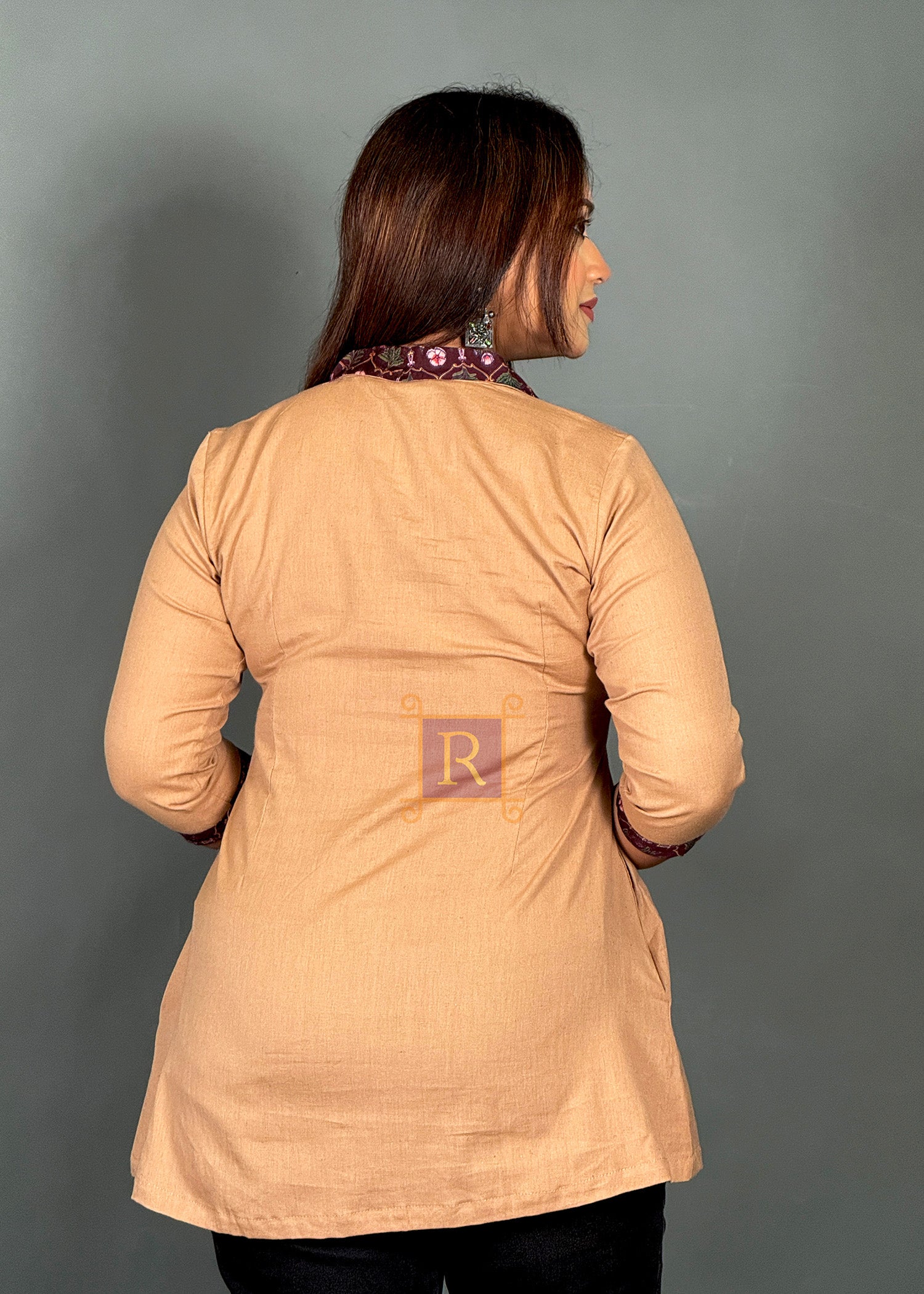 Caramel Cotton Printed Short Kurti with Pocket