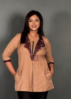 Caramel Cotton Printed Short Kurti with Pocket