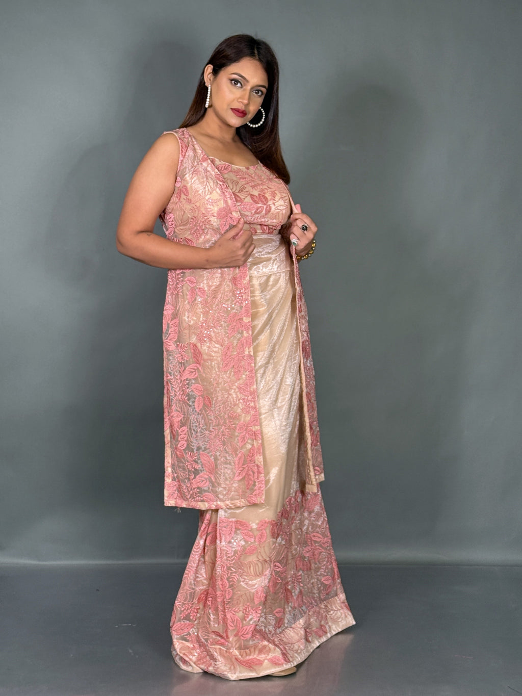 Peach Pink Tissue Net Embroidered Fusion  Set