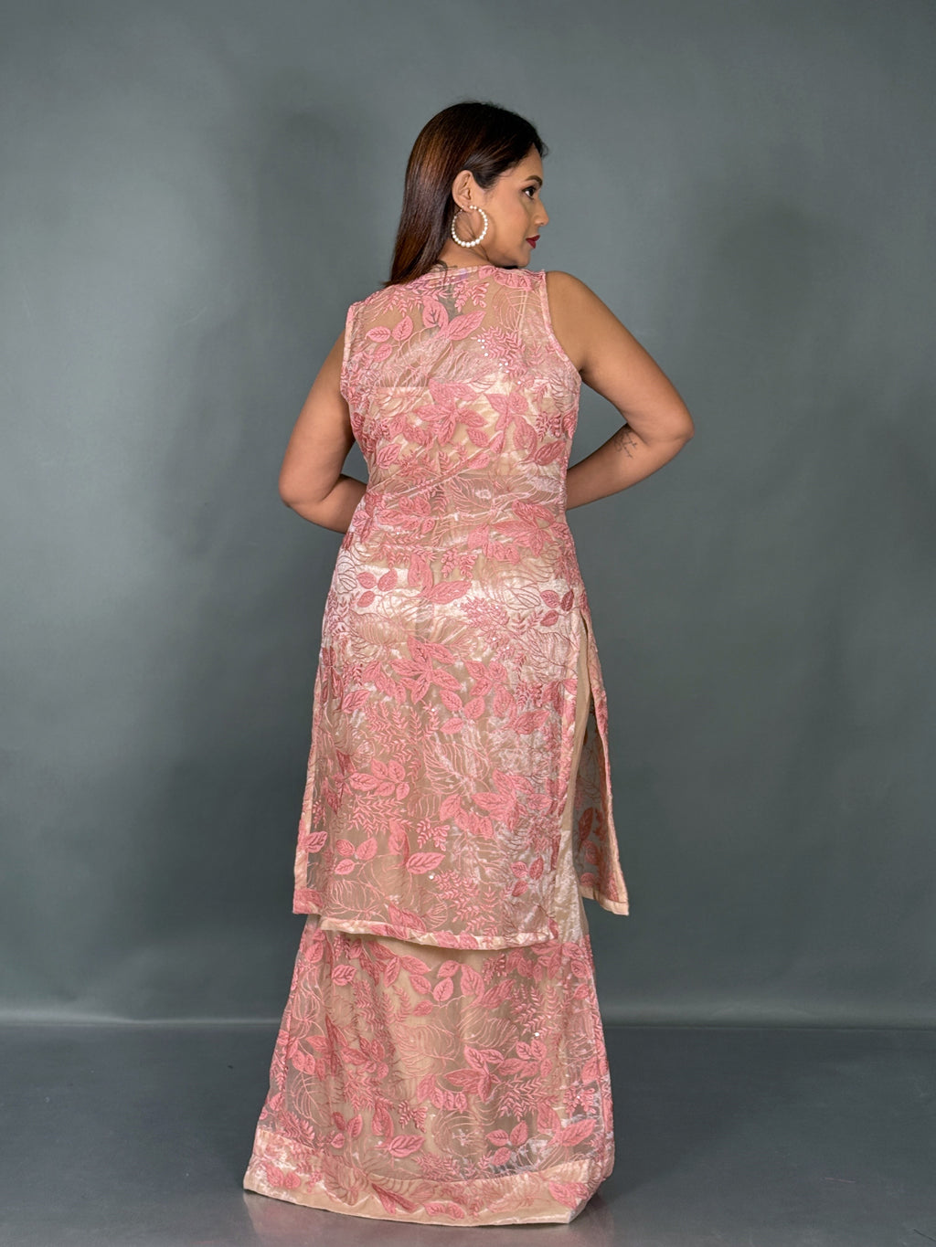 Peach Pink Tissue Net Embroidered Fusion  Set