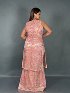 Peach Pink Tissue Net Embroidered Fusion  Set