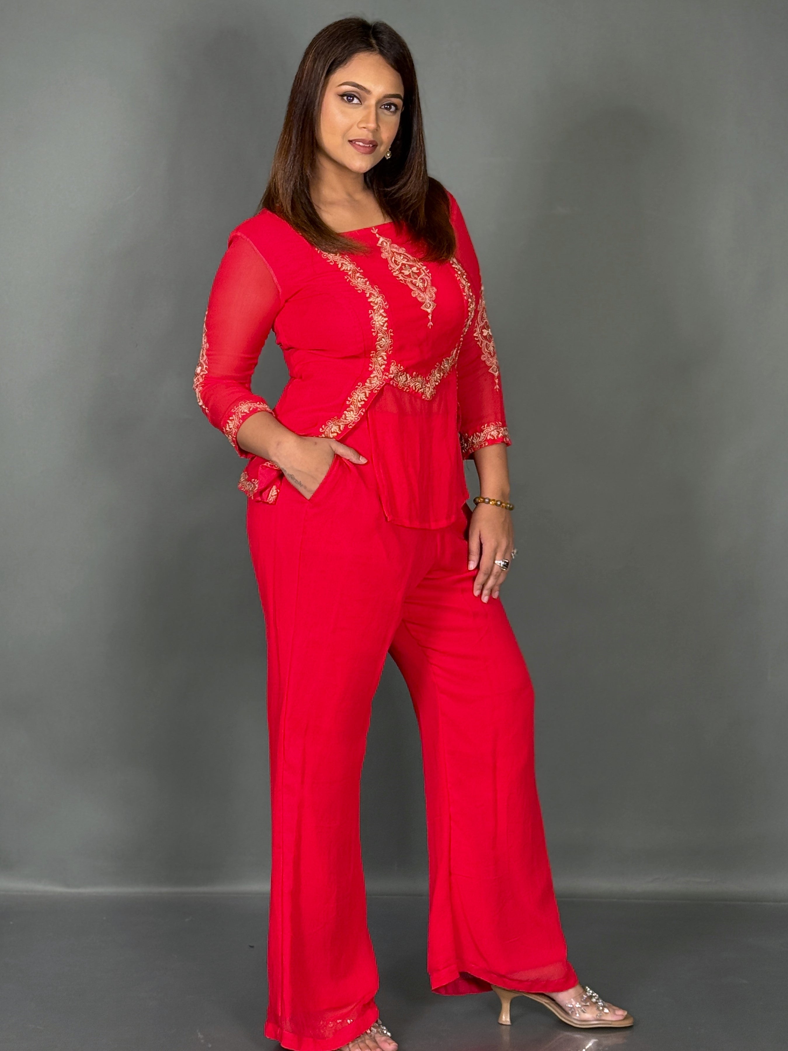 Radiant Rose Embroidered Georgette Co-Ord Set