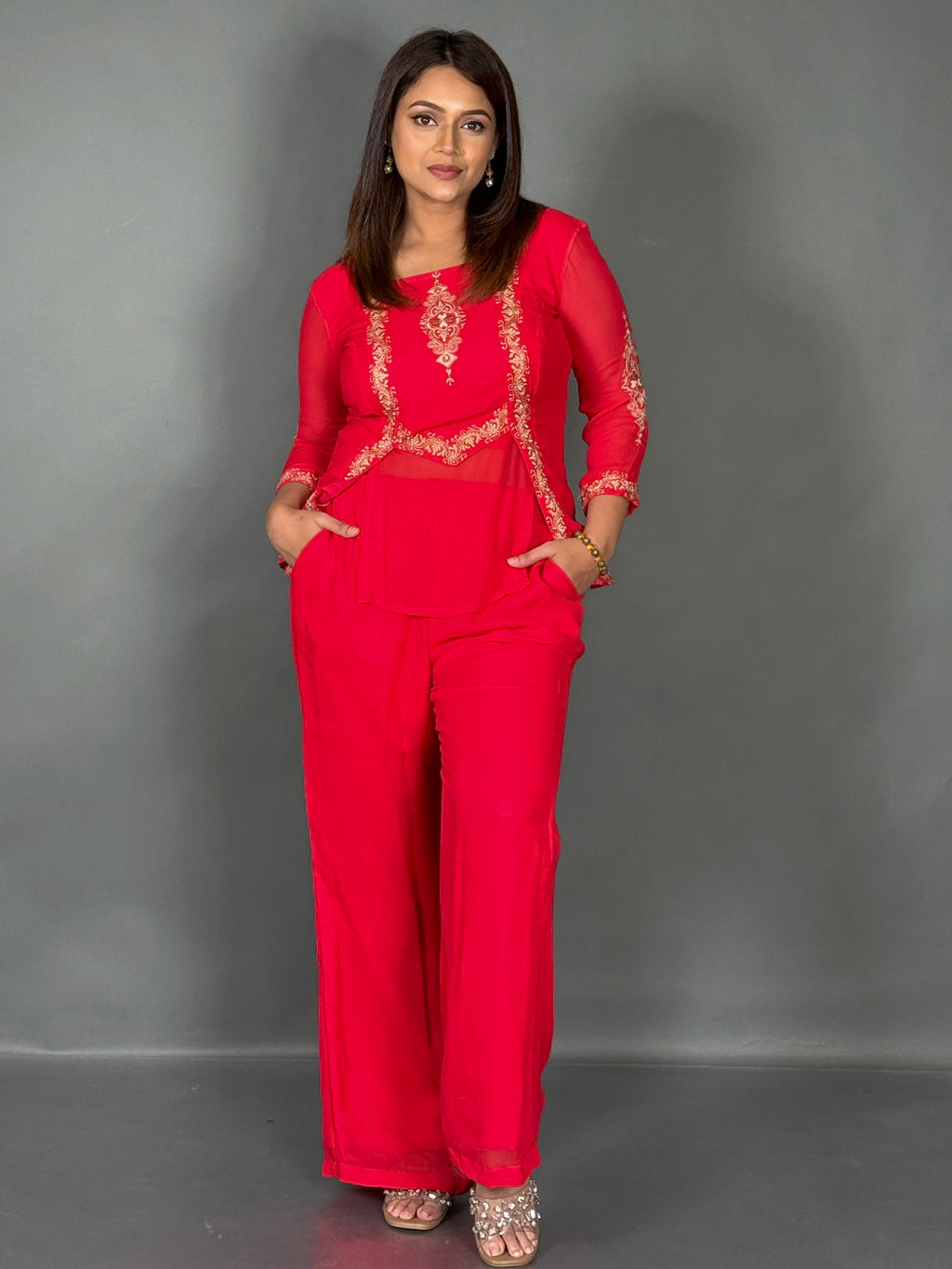 Radiant Rose Embroidered Georgette Co-Ord Set