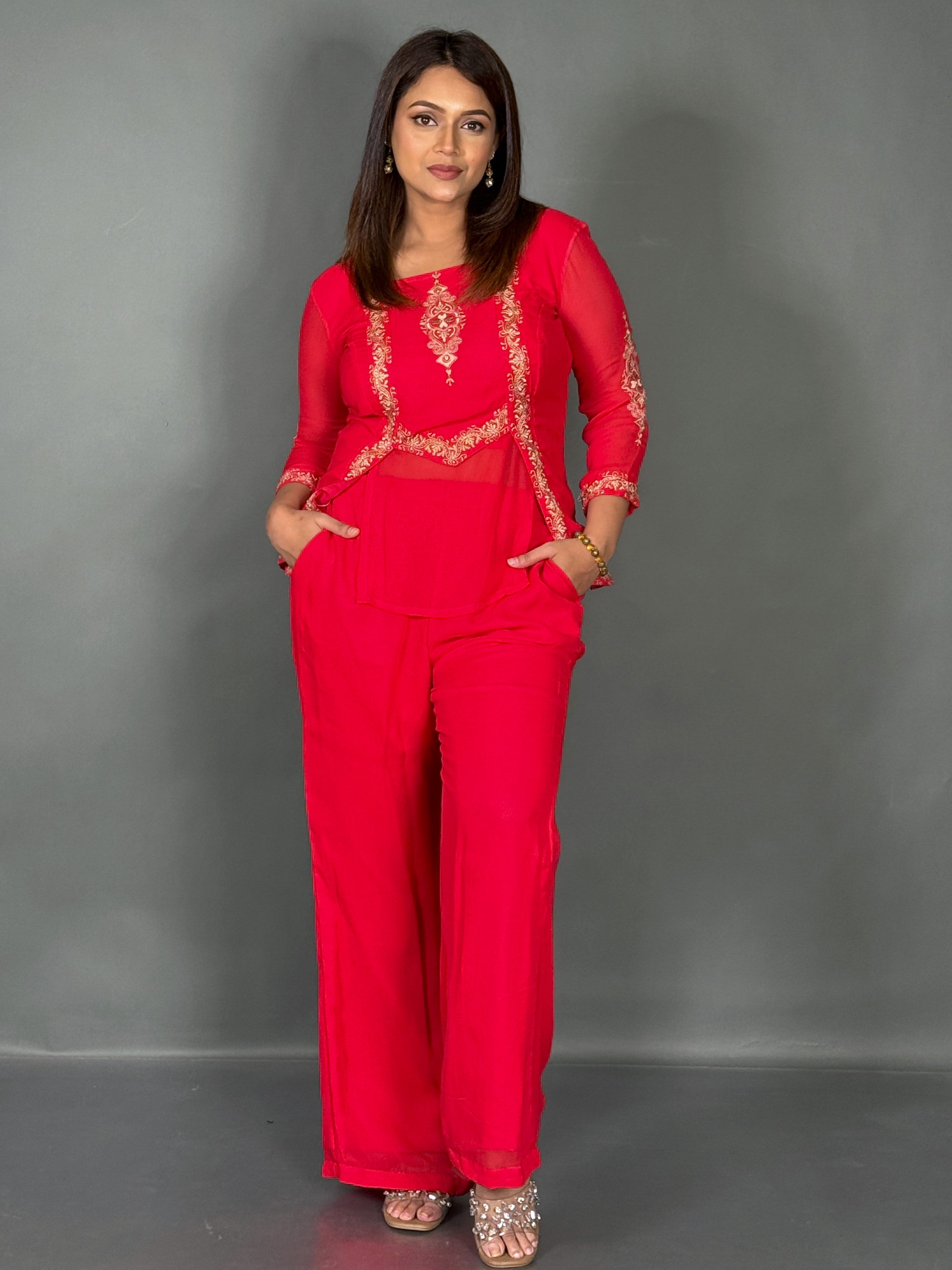 Radiant Rose Embroidered Georgette Co-Ord Set