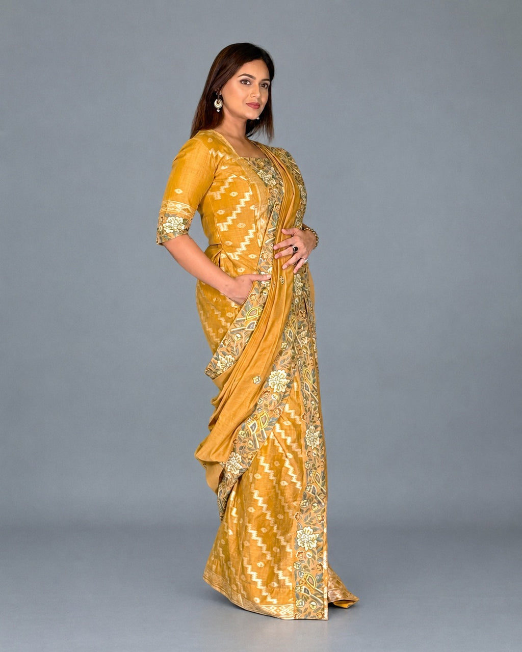 Golden Muga Tussar Embroidered Insta Saree Set