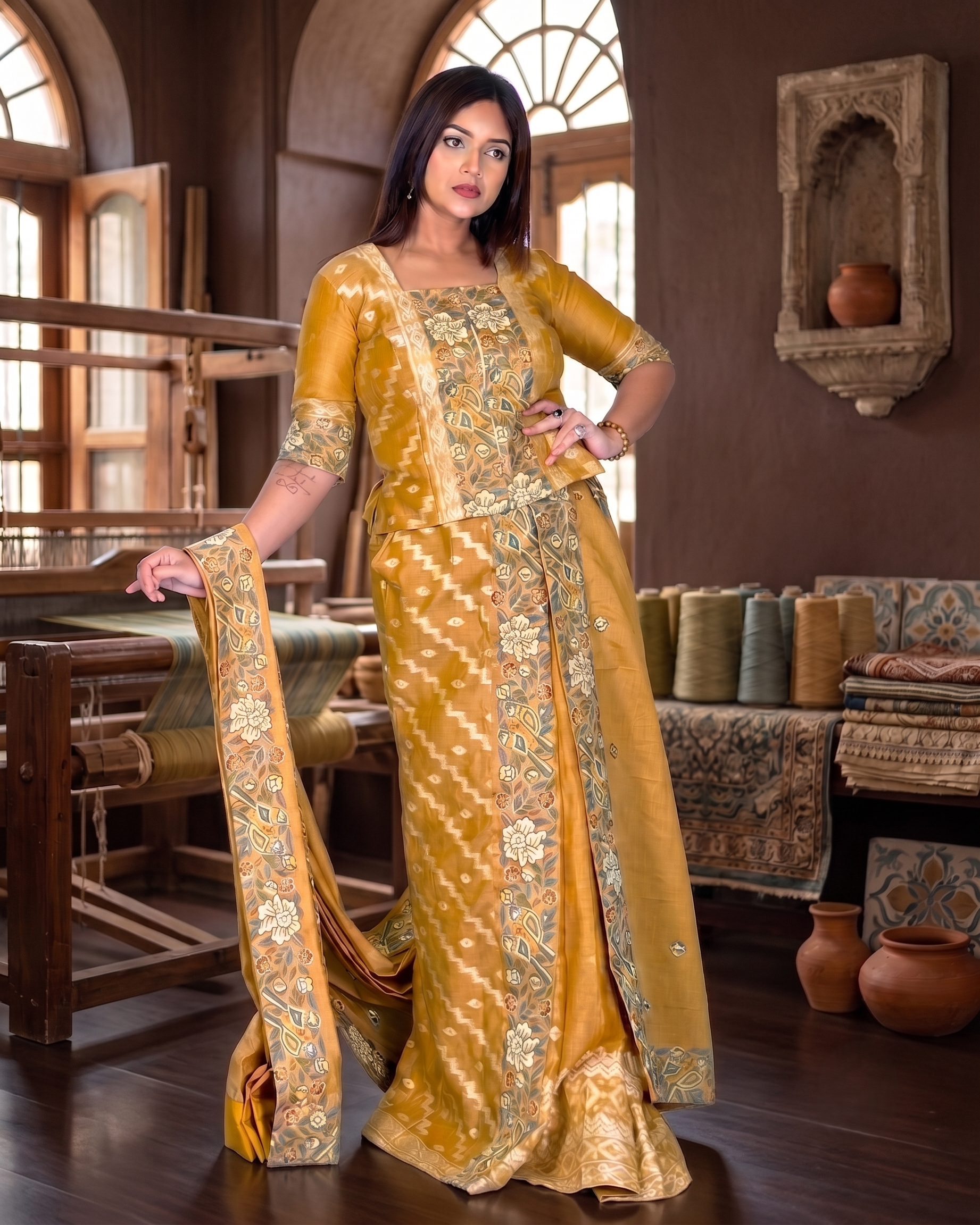 Golden Muga Tussar Embroidered Insta Saree Set