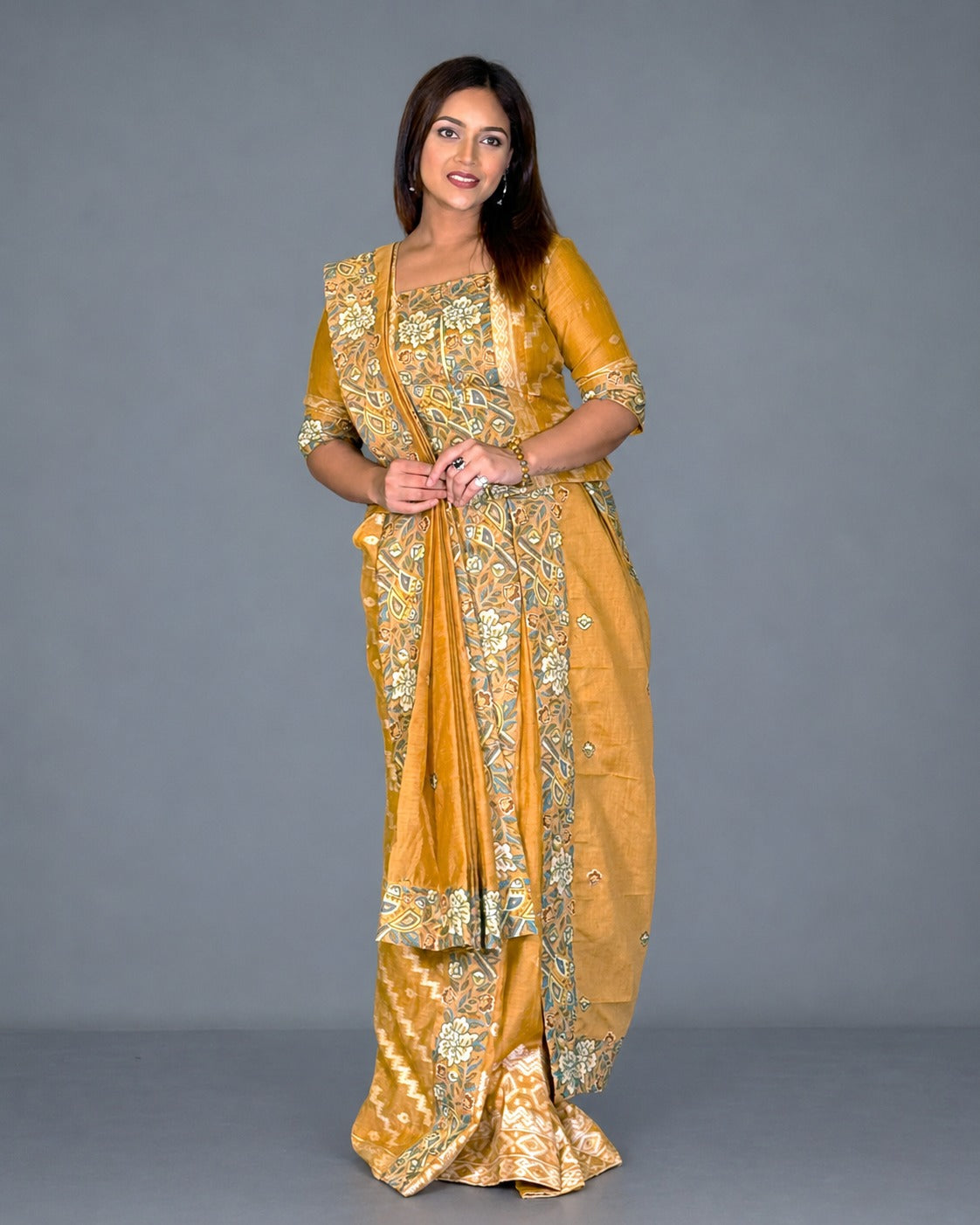 Golden Muga Tussar Embroidered Insta Saree Set