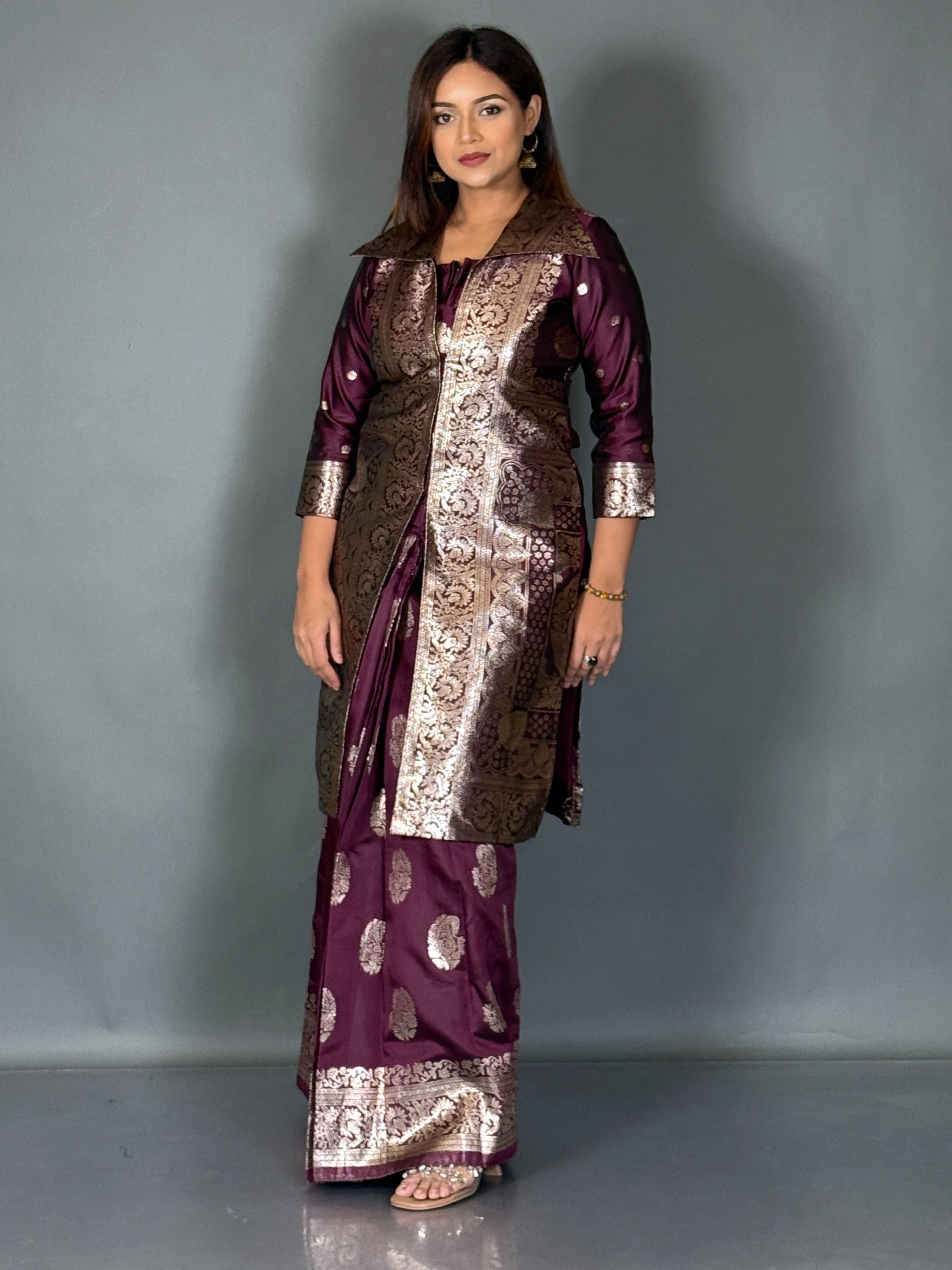 Wine Charm Designer Jacket & Saree Skirt Fusion Set