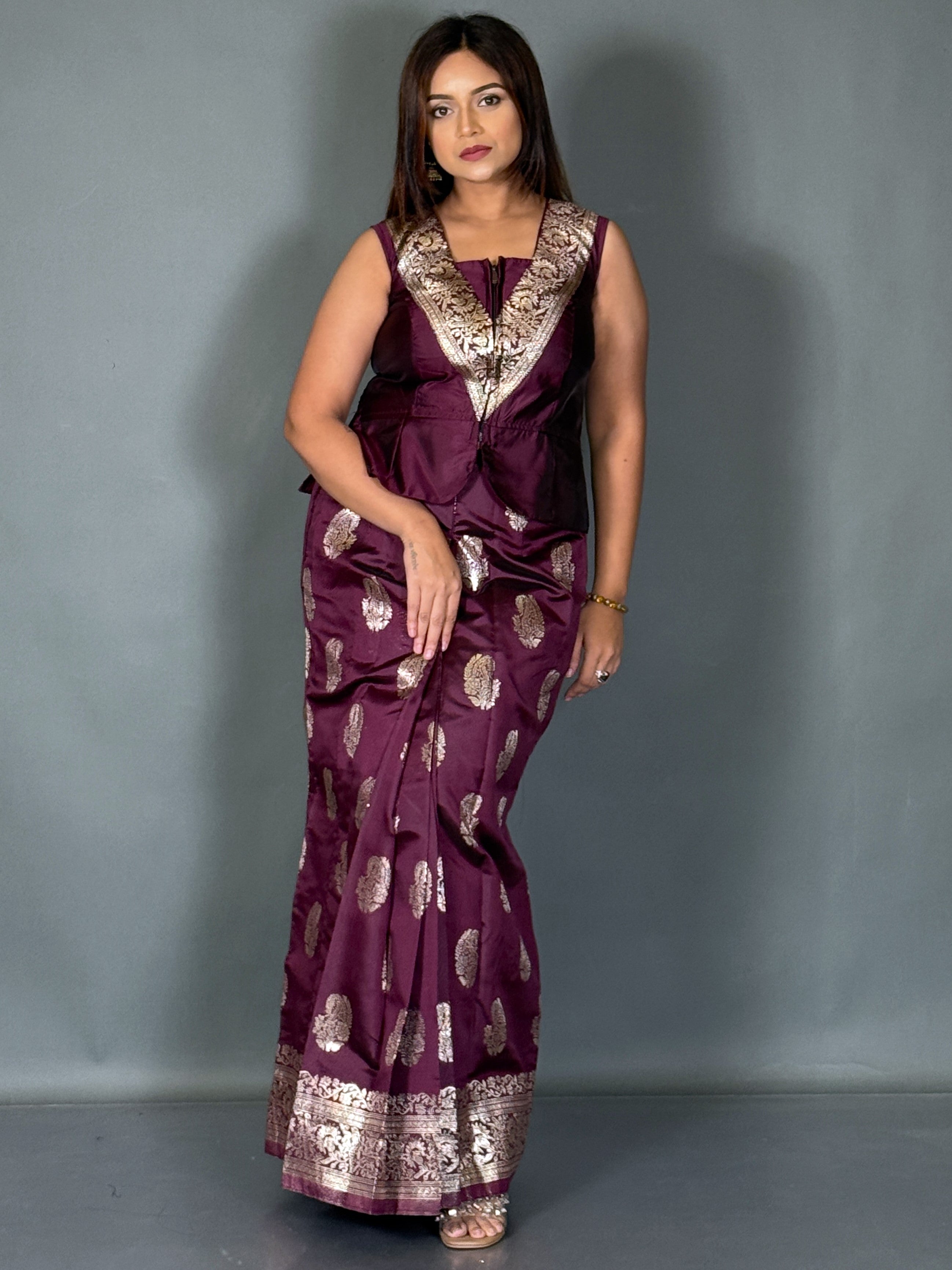 Wine Charm Designer Jacket & Saree Skirt Fusion Set