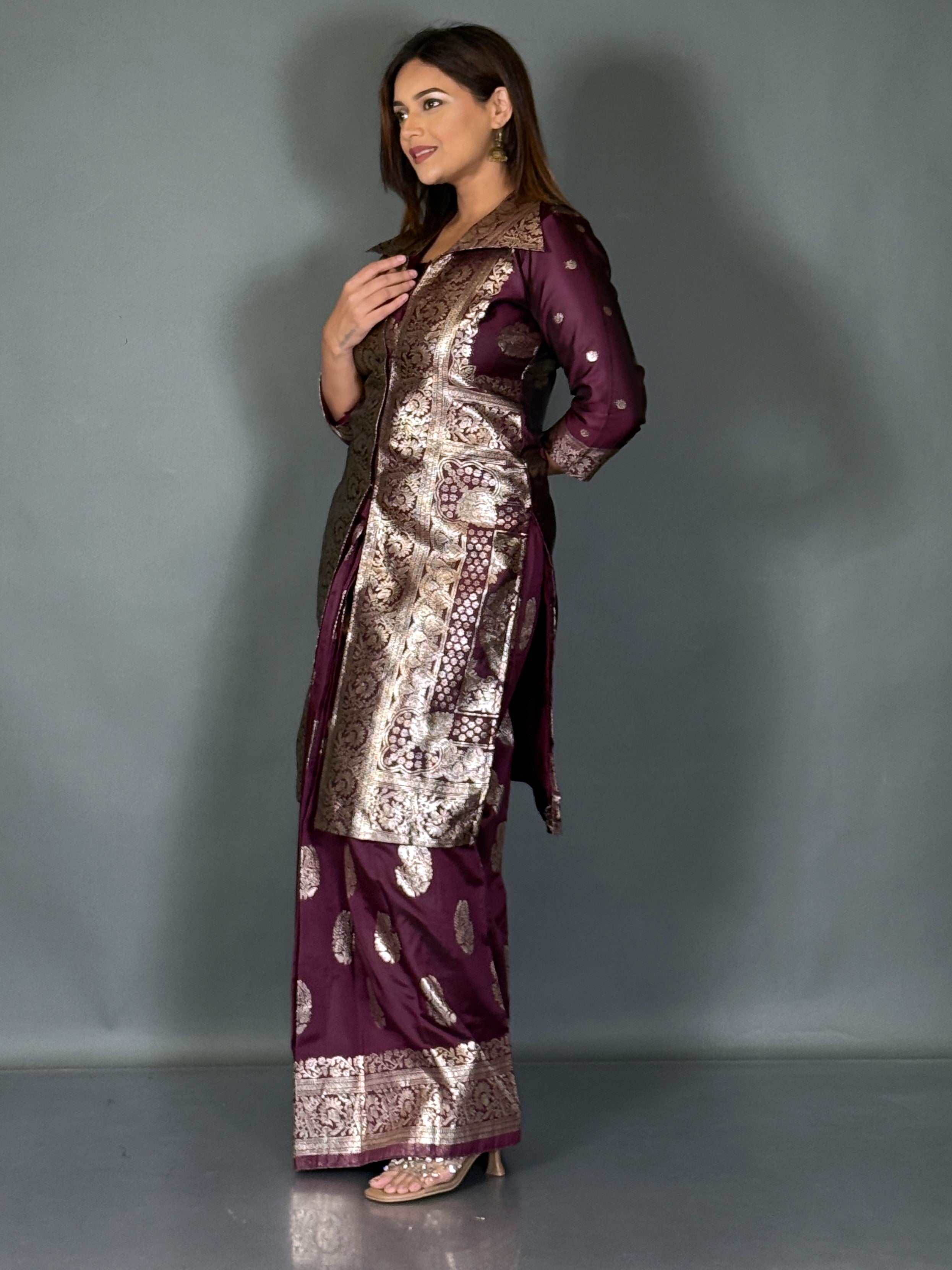 Wine Charm Designer Jacket & Saree Skirt Fusion Set