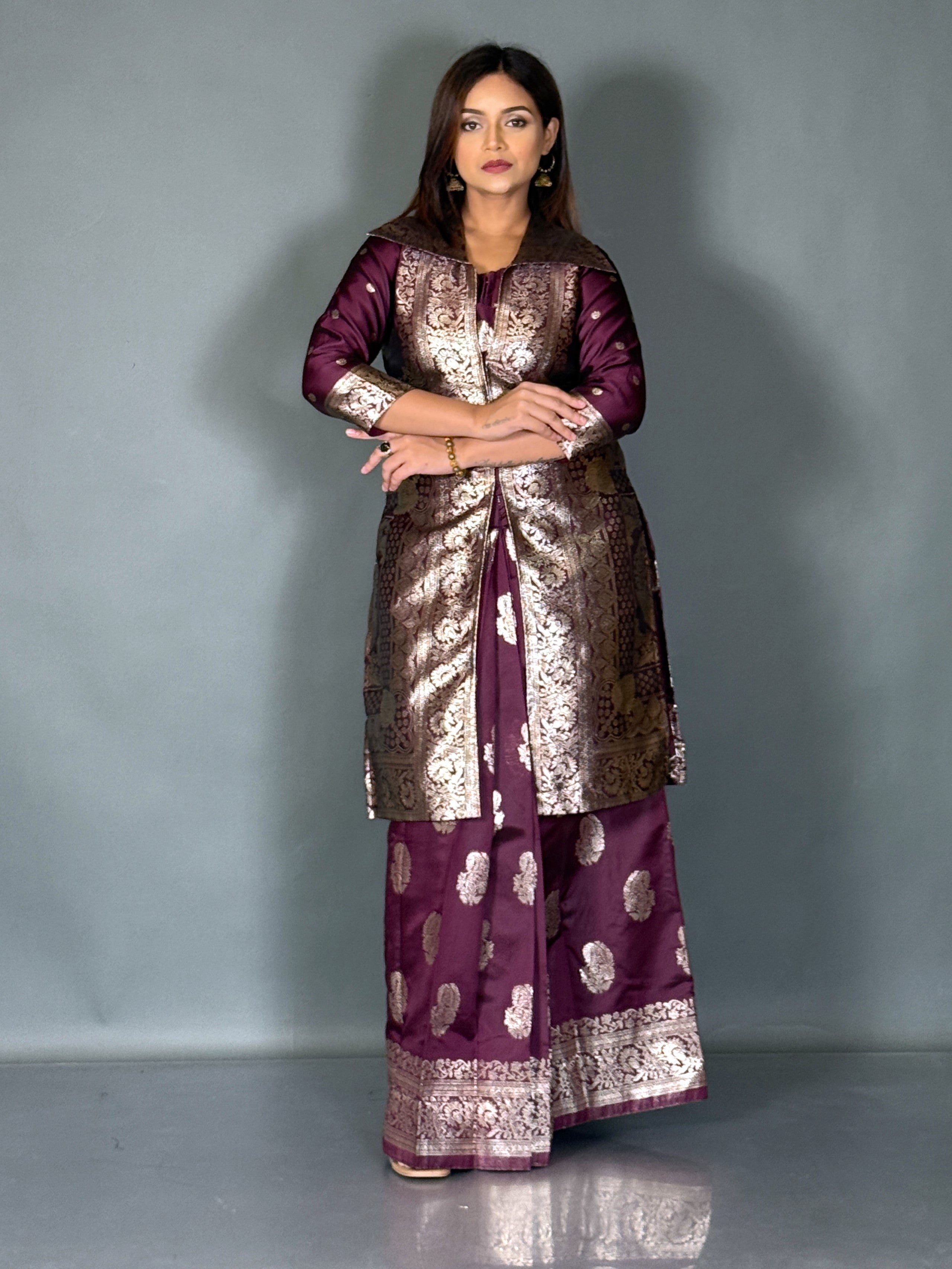 Wine Charm Designer Jacket & Saree Skirt Fusion Set