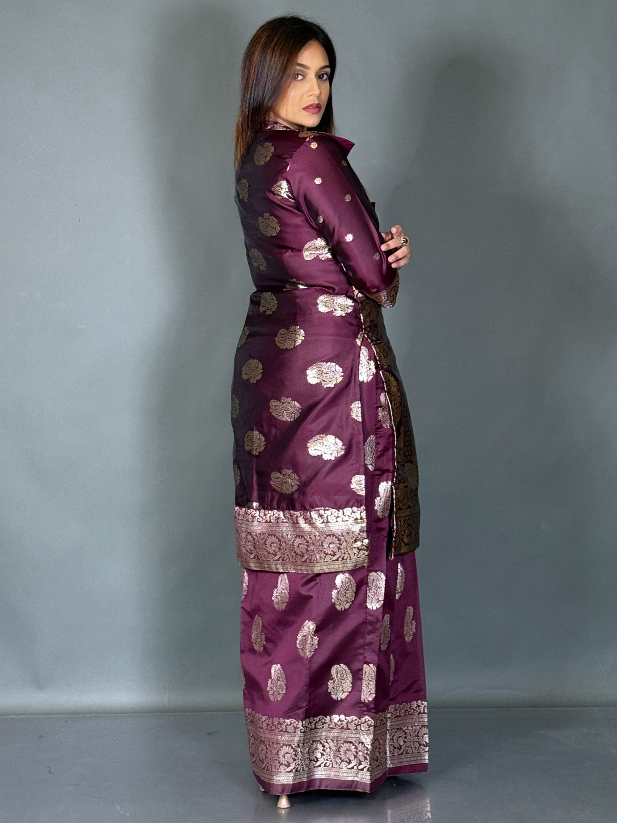 Wine Charm Designer Jacket & Saree Skirt Fusion Set