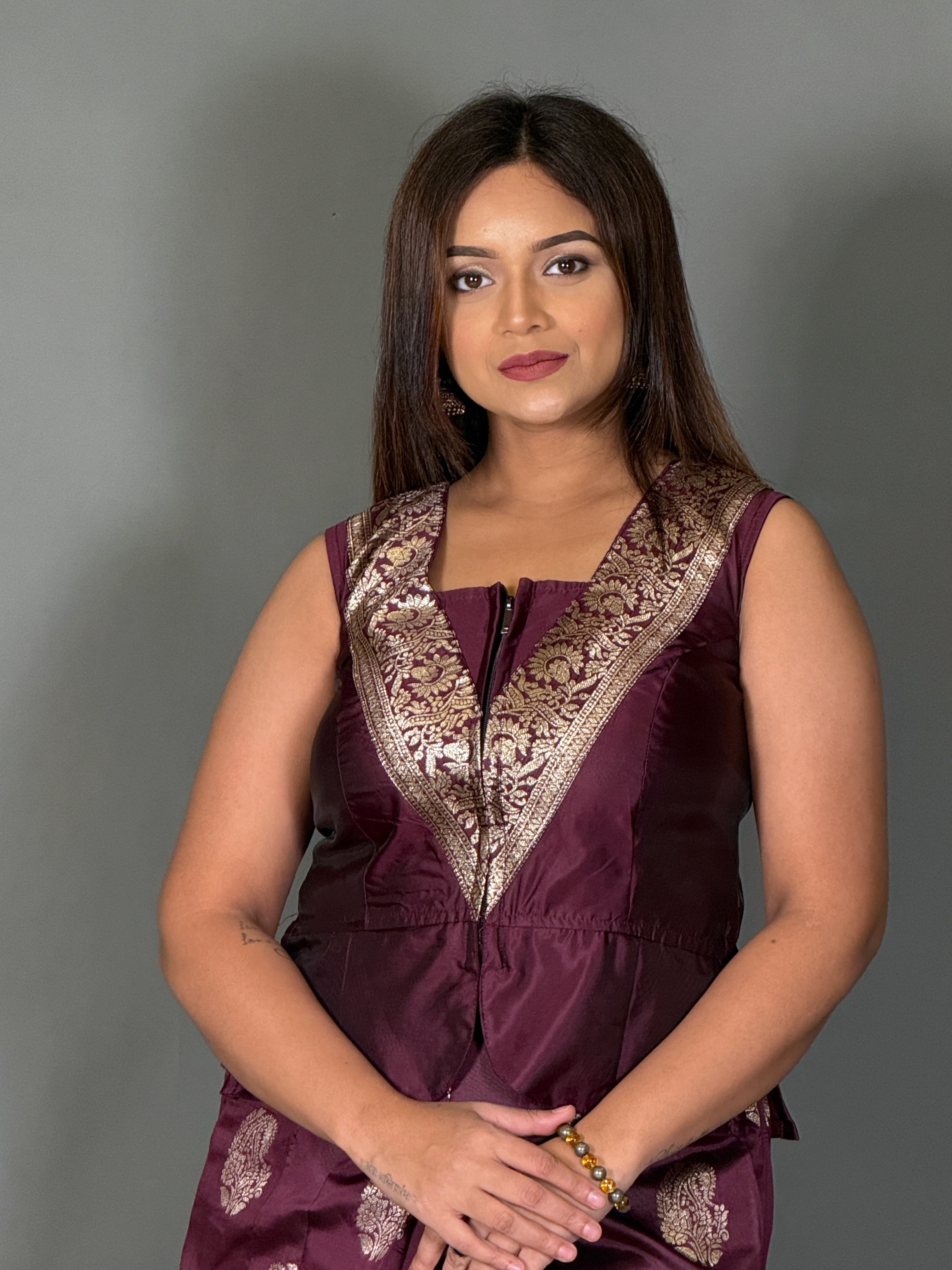 Wine Charm Designer Jacket & Saree Skirt Fusion Set