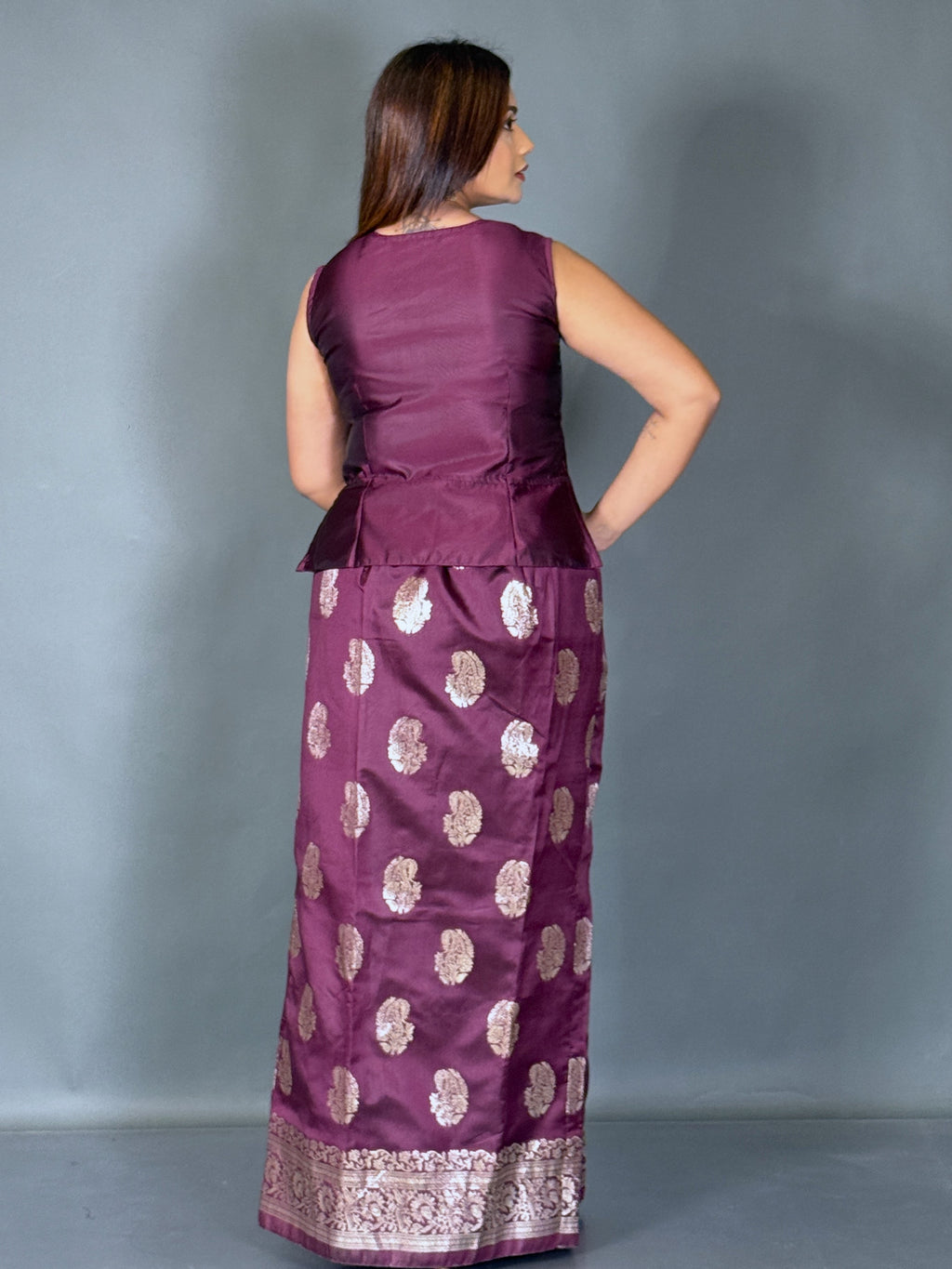 Wine Charm Designer Jacket & Saree Skirt Fusion Set