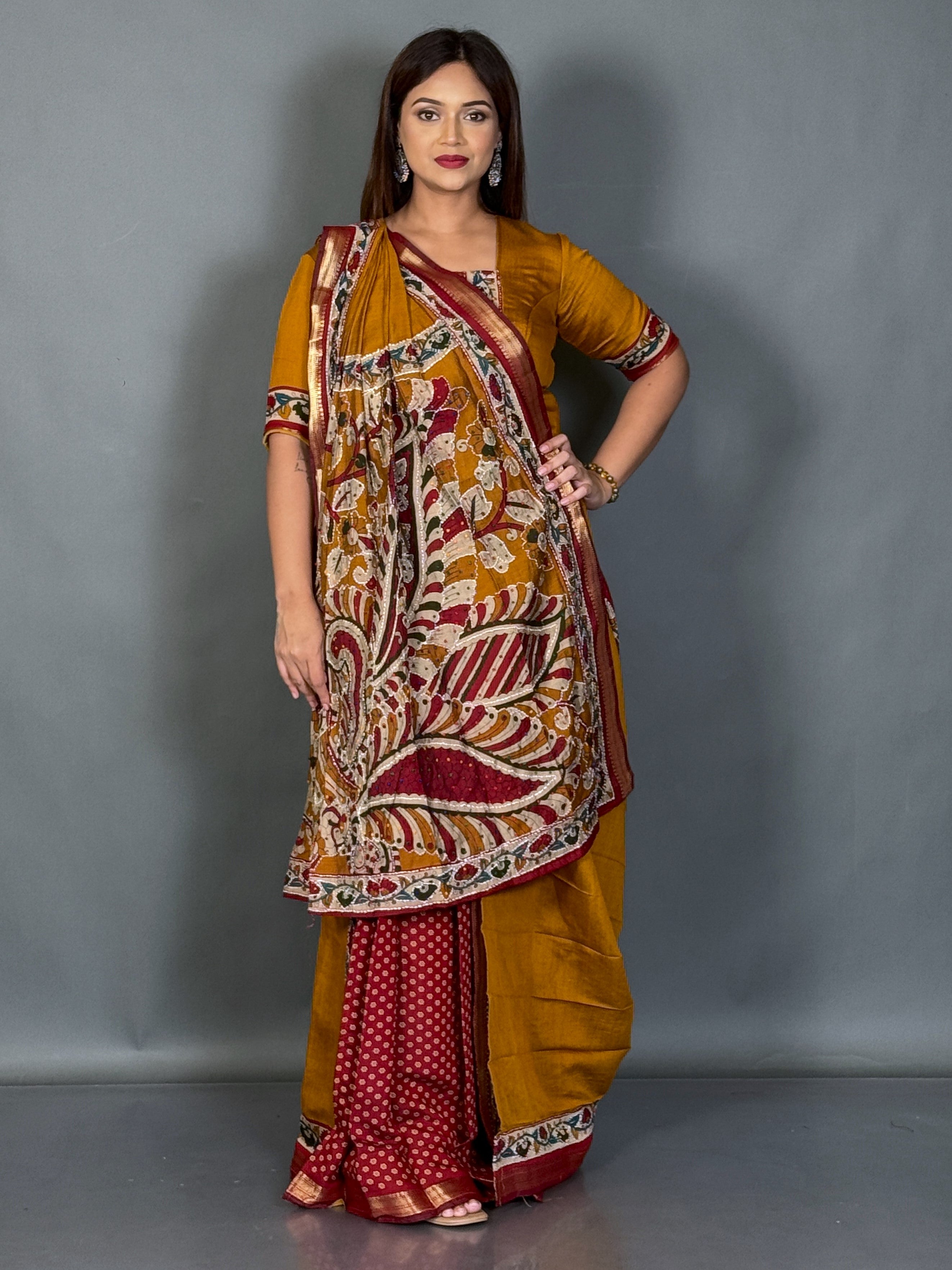 Mustard Kalamkari Kantha Insta Saree Set