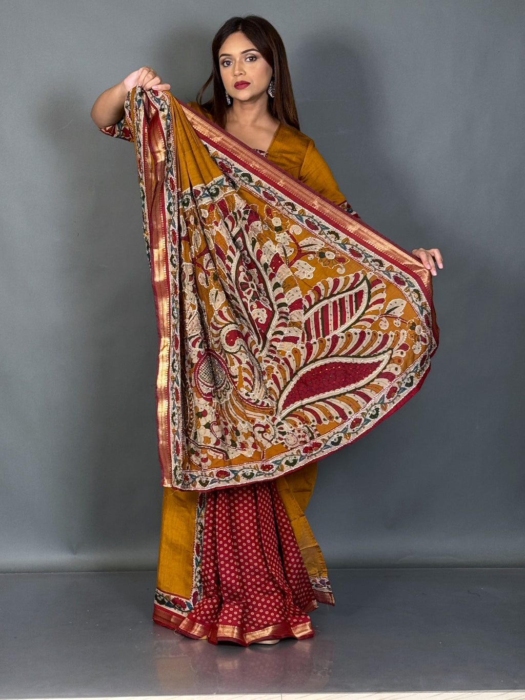 Mustard Kalamkari Kantha Insta Saree Set