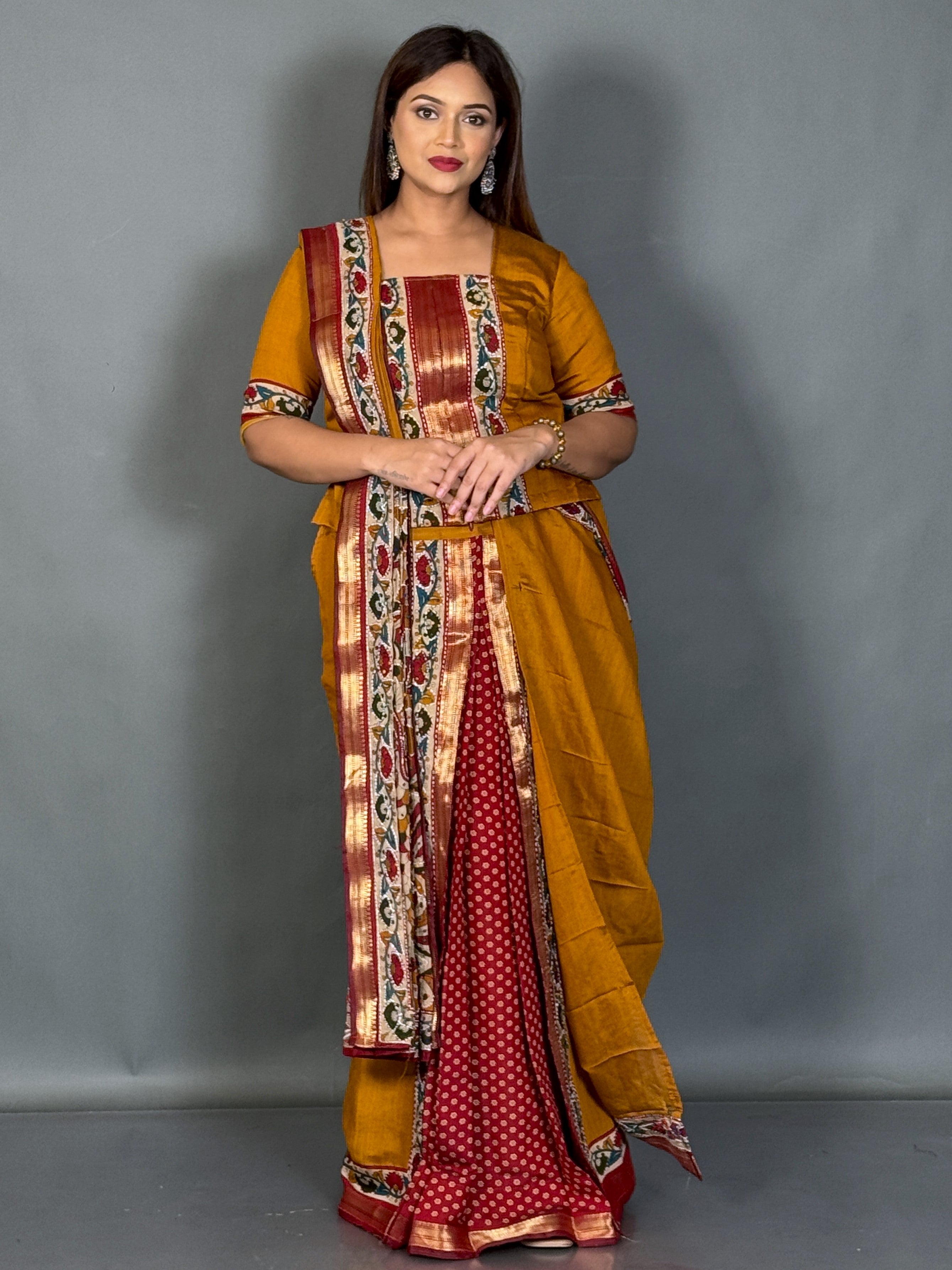 Mustard Kalamkari Kantha Insta Saree Set