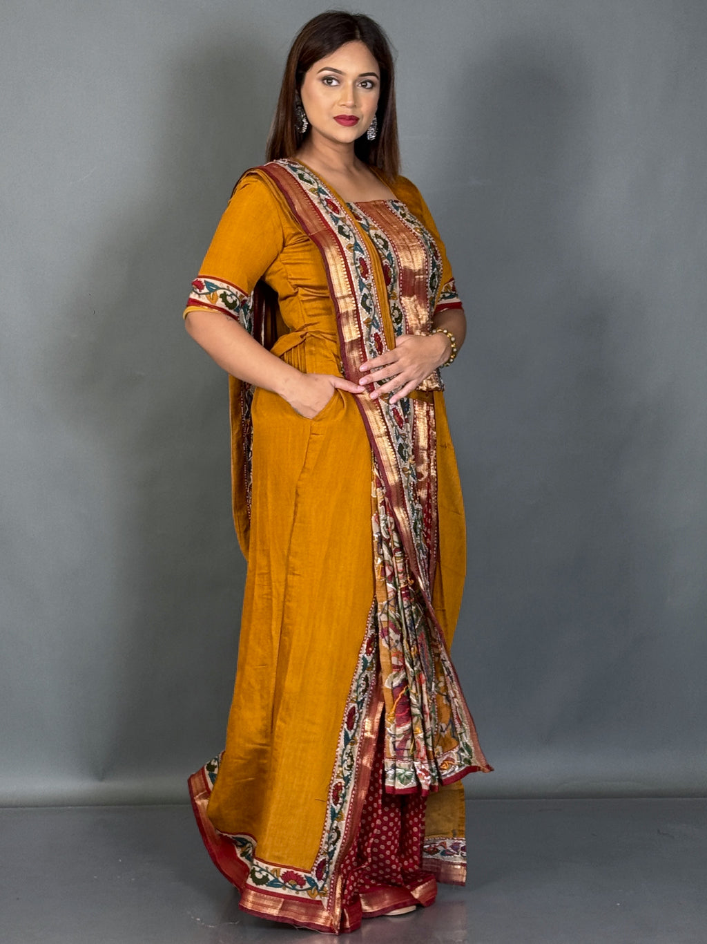 Mustard Kalamkari Kantha Insta Saree Set