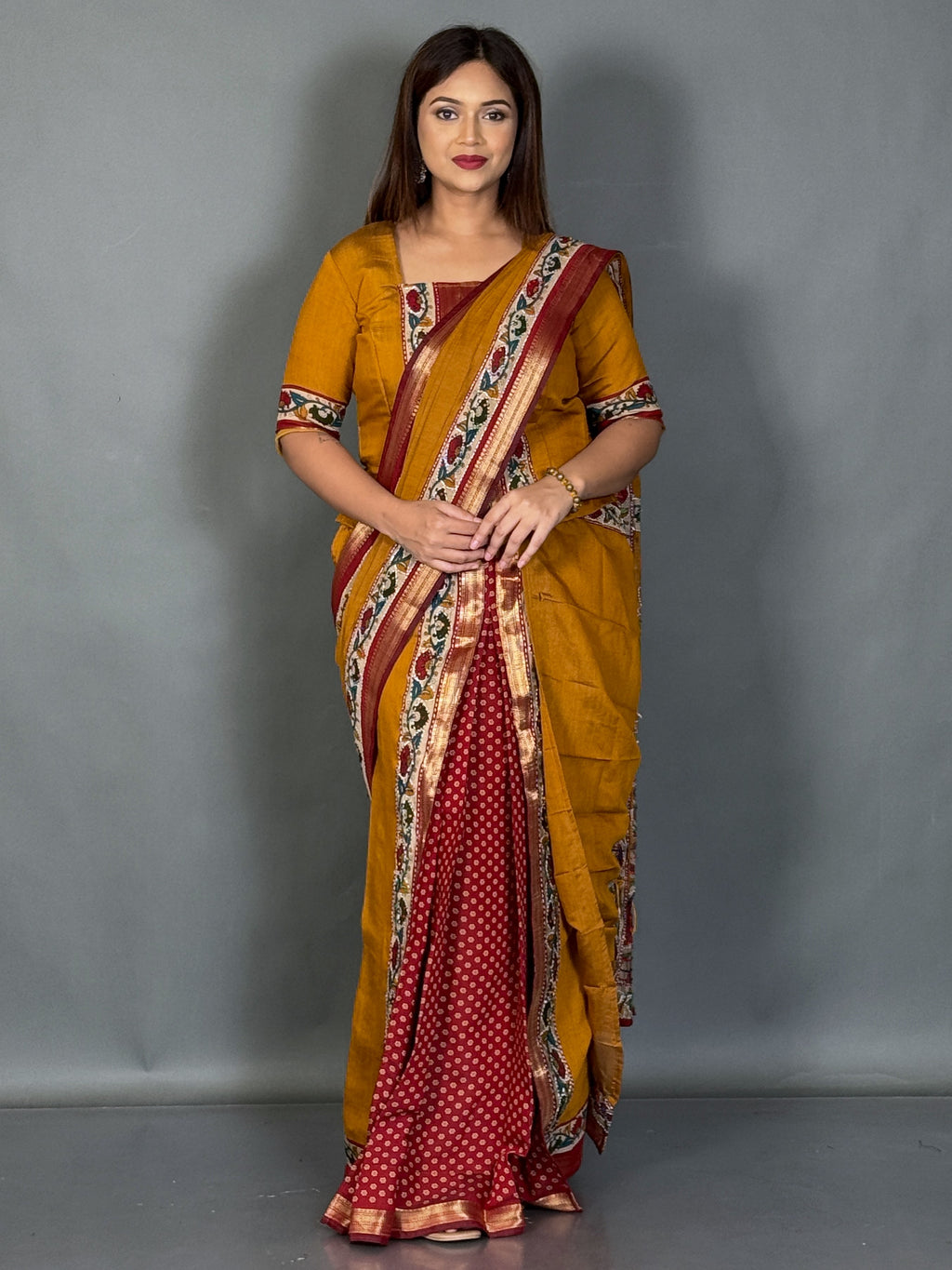 Mustard Kalamkari Kantha Insta Saree Set
