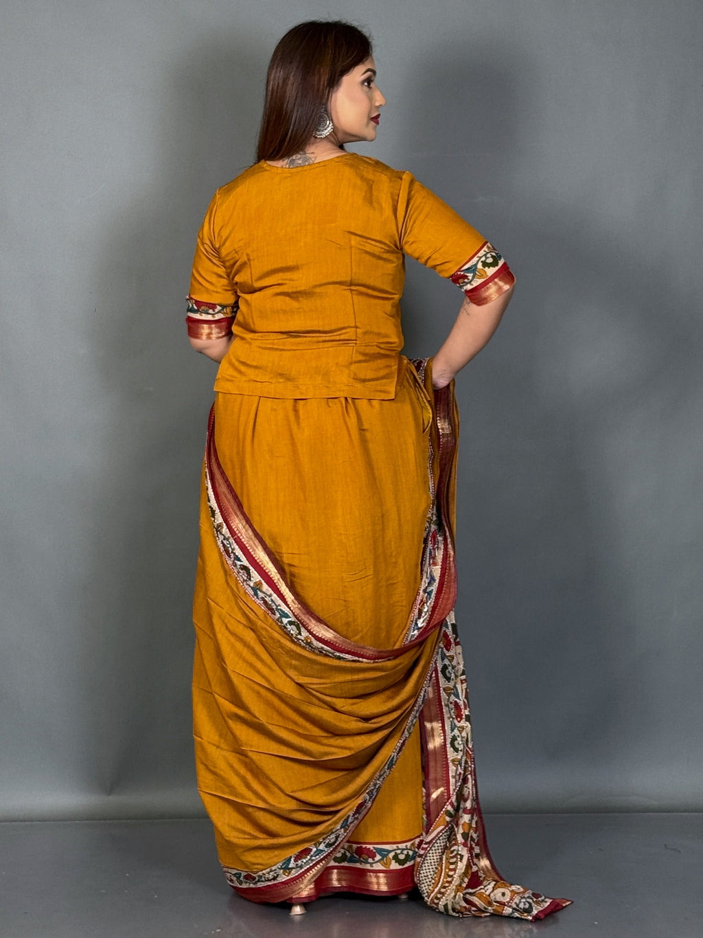 Mustard Kalamkari Kantha Insta Saree Set