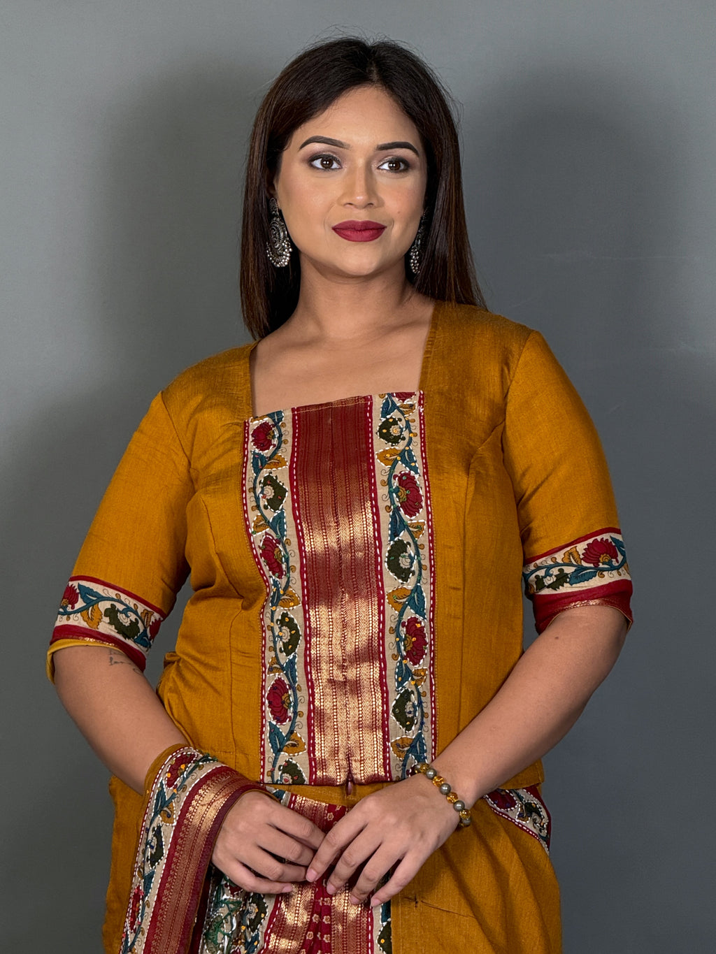 Mustard Kalamkari Kantha Insta Saree Set