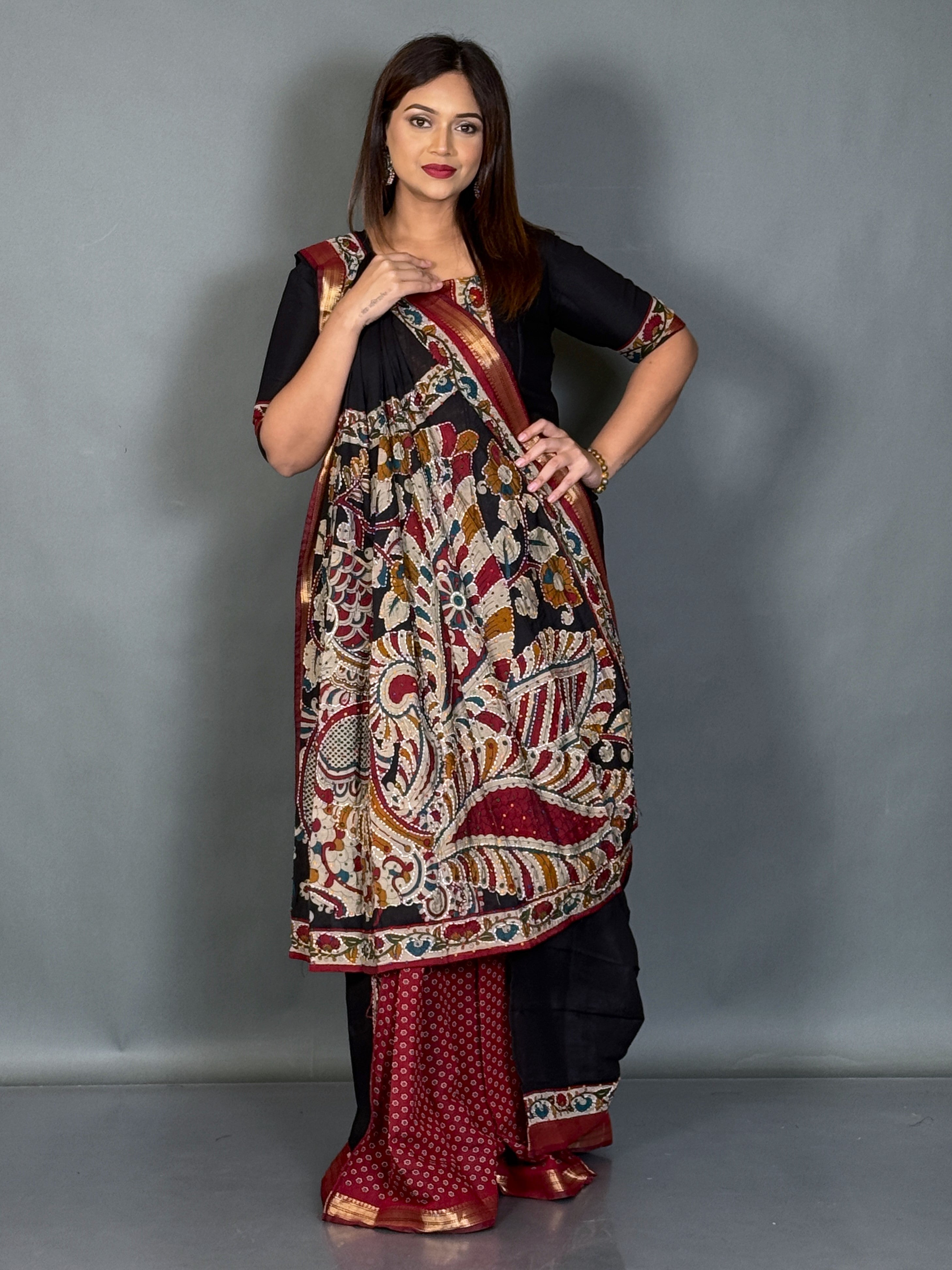 Black Kalamkari Artistic Insta Saree