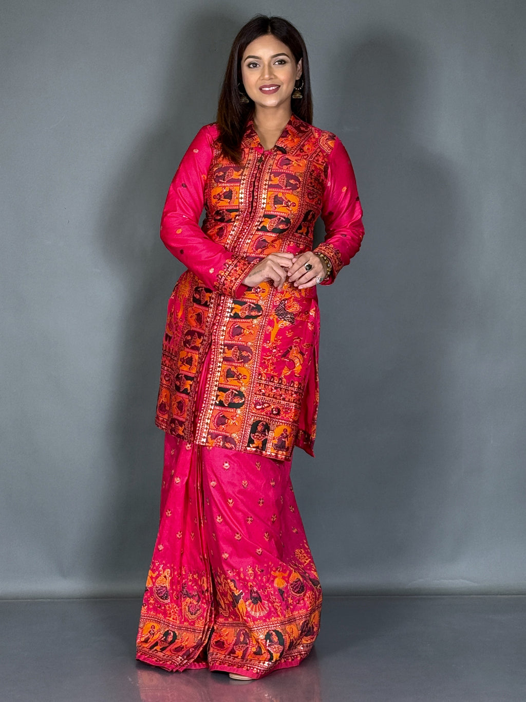 Hot Pink Baluchori Fusion Jacket Skirt Set