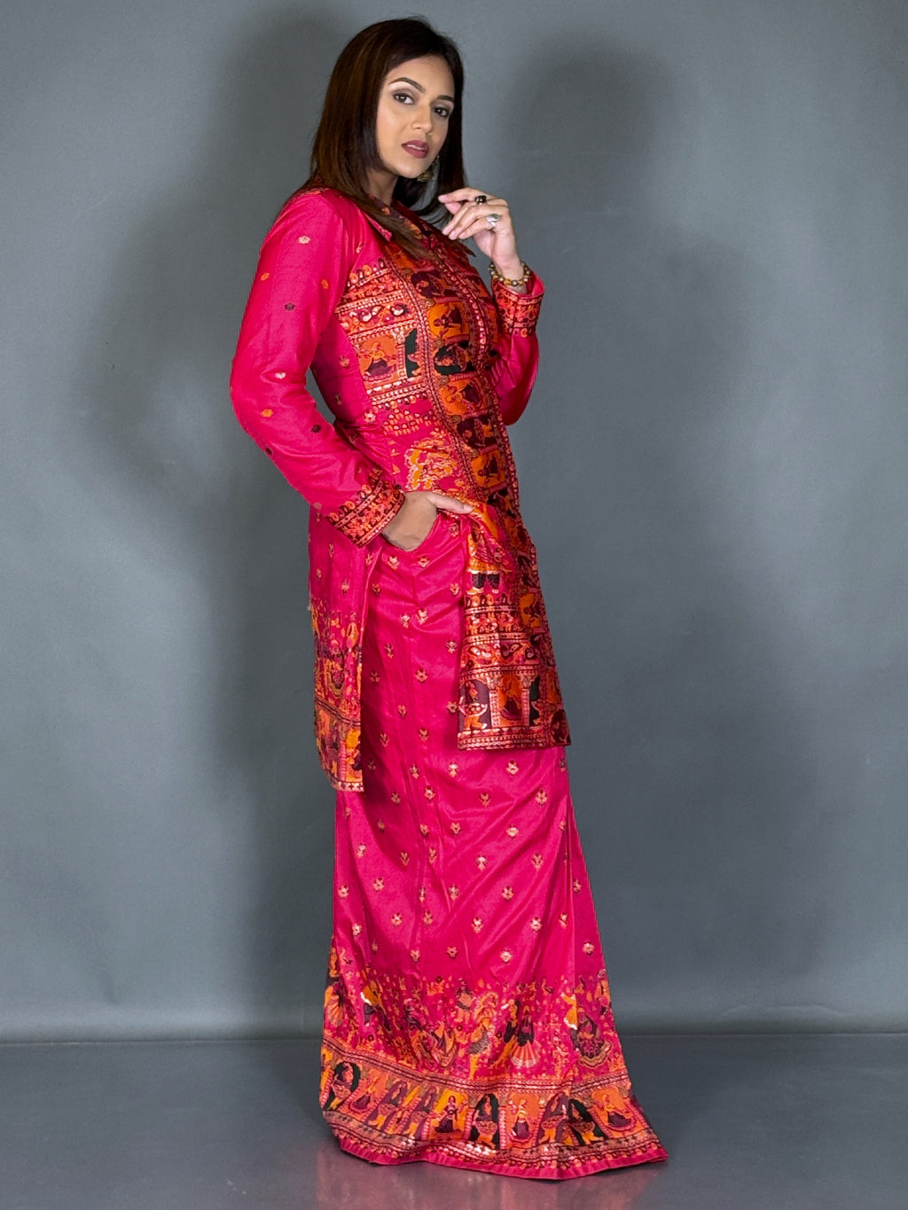 Hot Pink Baluchori Fusion Jacket Skirt Set