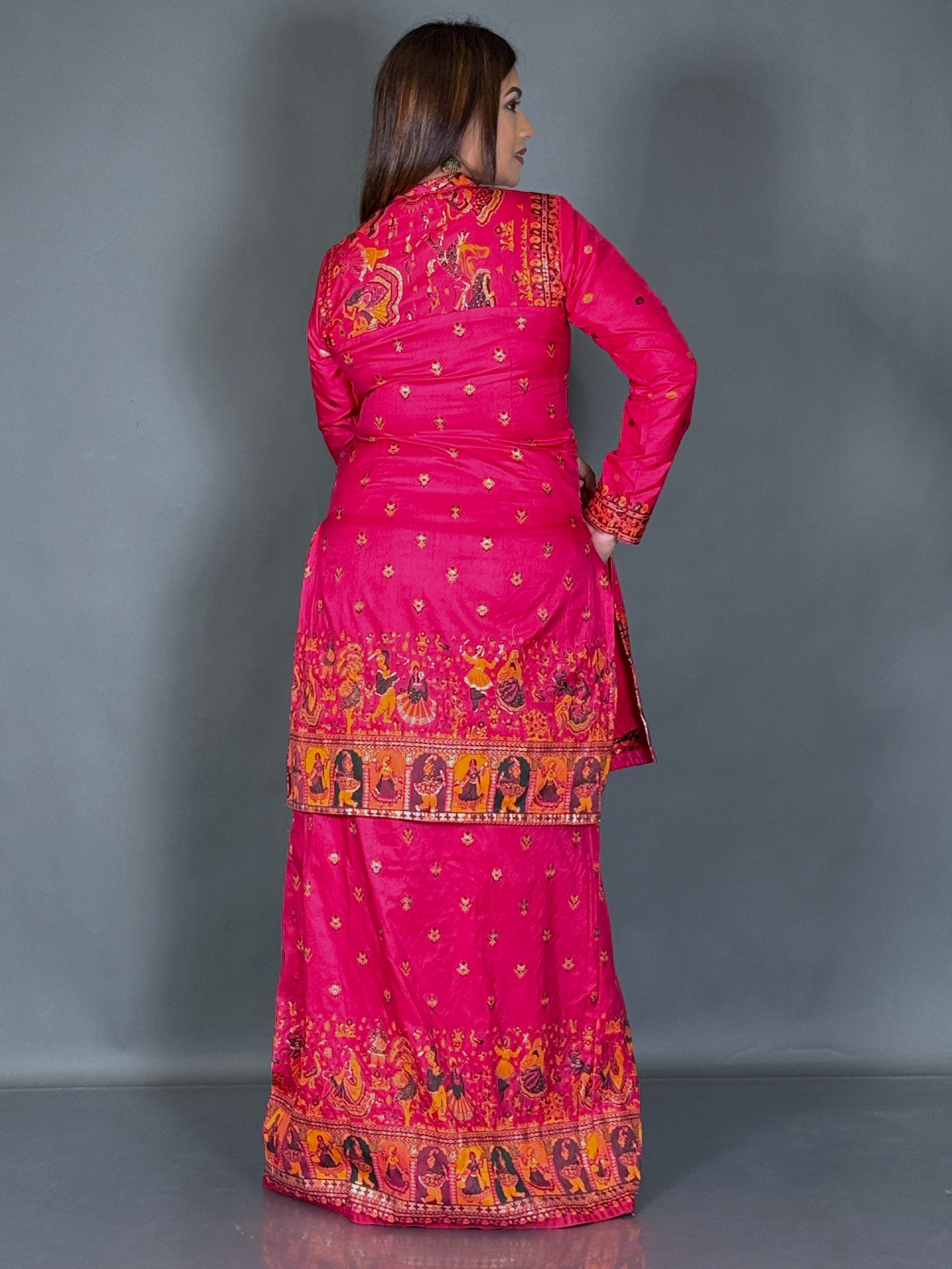 Hot Pink Baluchori Fusion Jacket Skirt Set