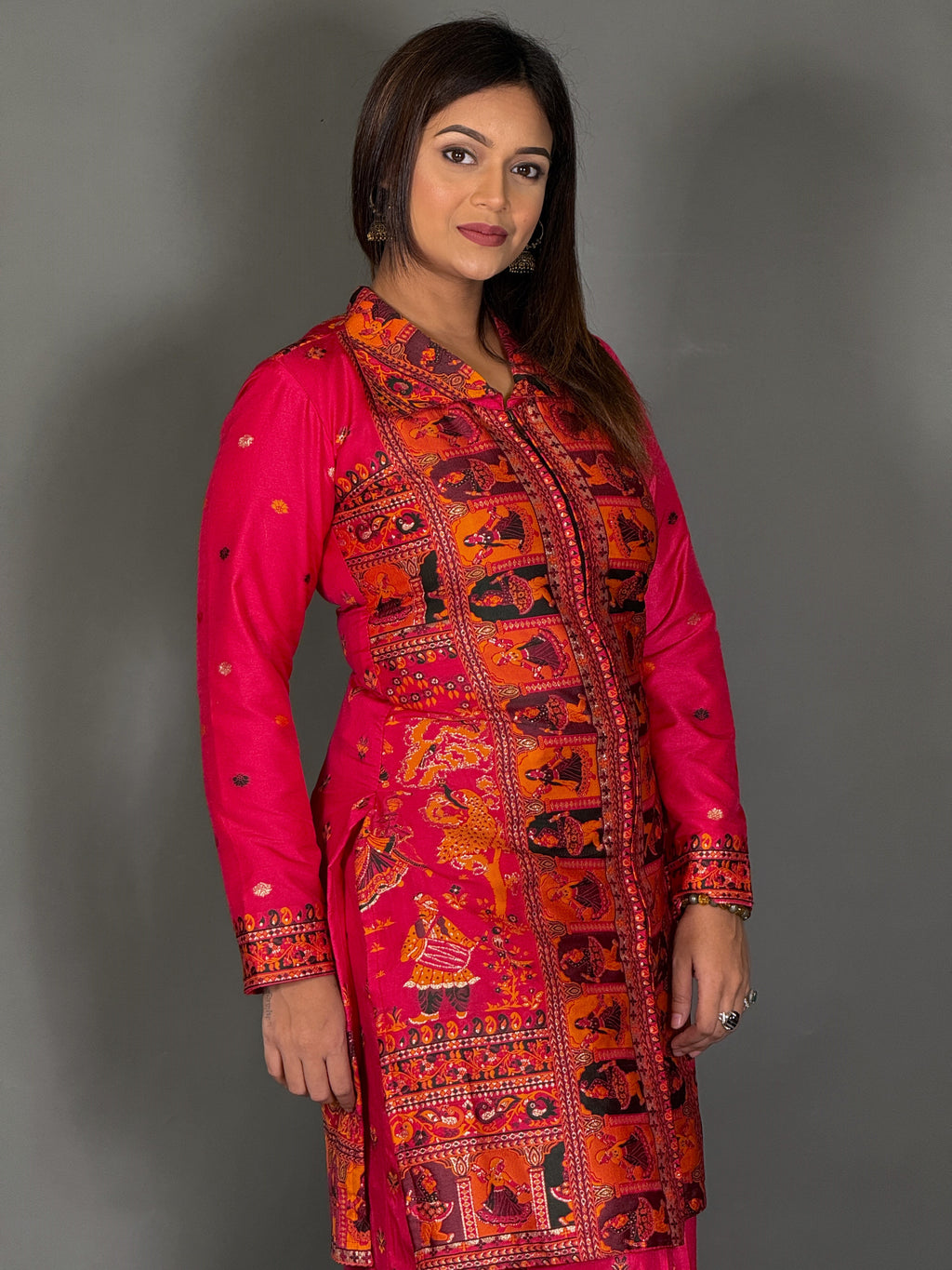Hot Pink Baluchori Fusion Jacket Skirt Set