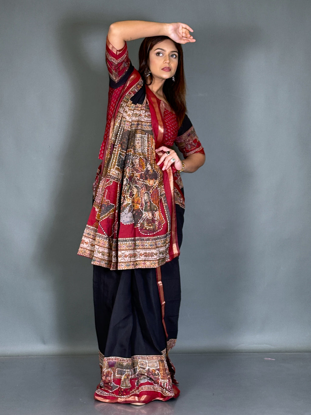 Kaalika Black & Maroon Kalamkari Chanderi Insta Saree Set