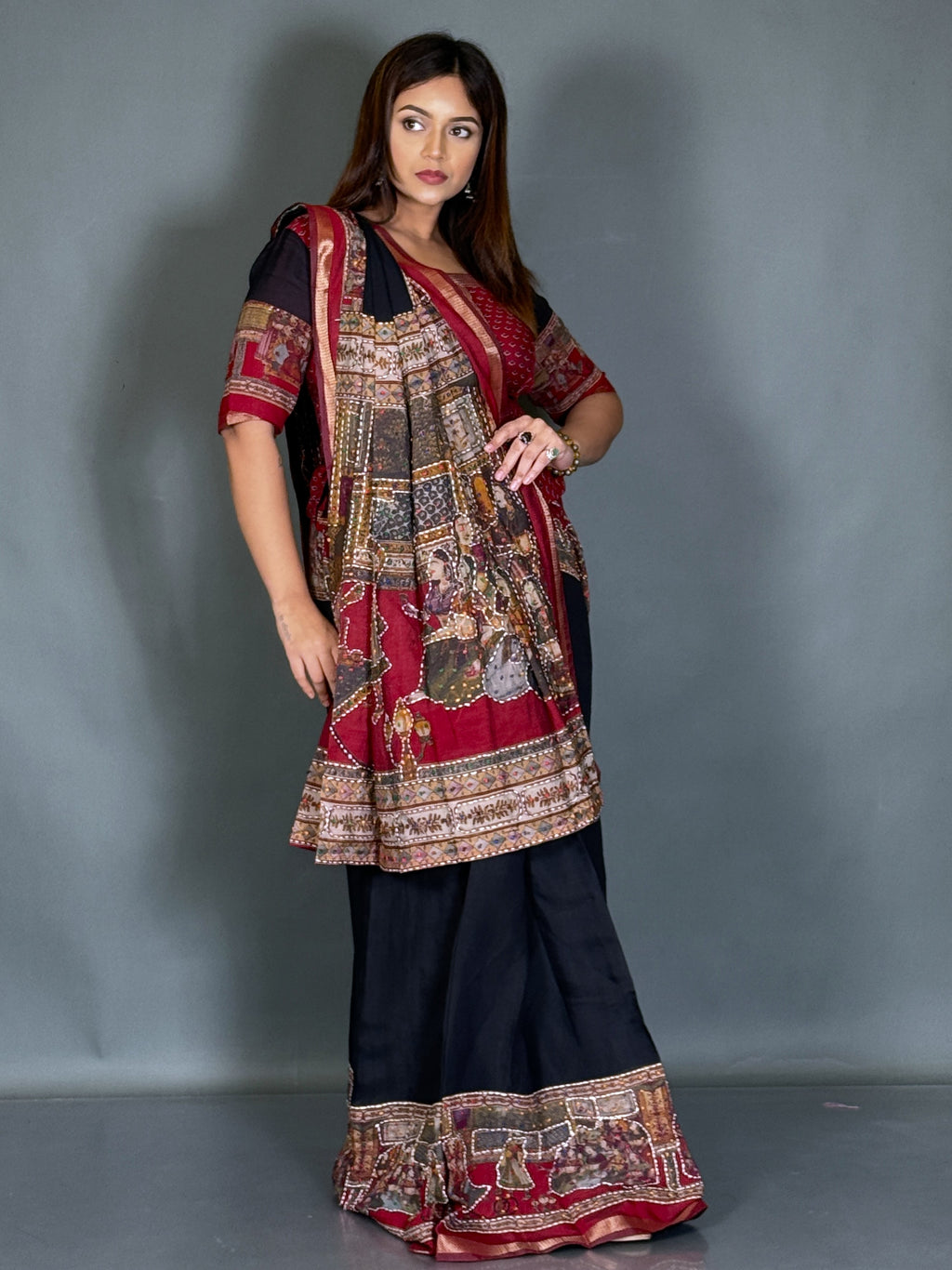 Kaalika Black & Maroon Kalamkari Chanderi Insta Saree Set