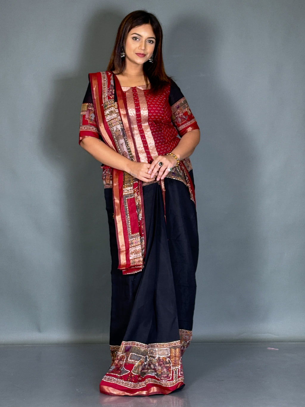 Kaalika Black & Maroon Kalamkari Chanderi Insta Saree Set