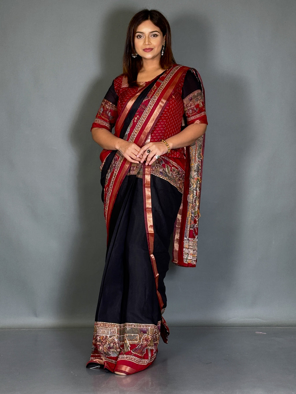 Kaalika Black & Maroon Kalamkari Chanderi Insta Saree Set