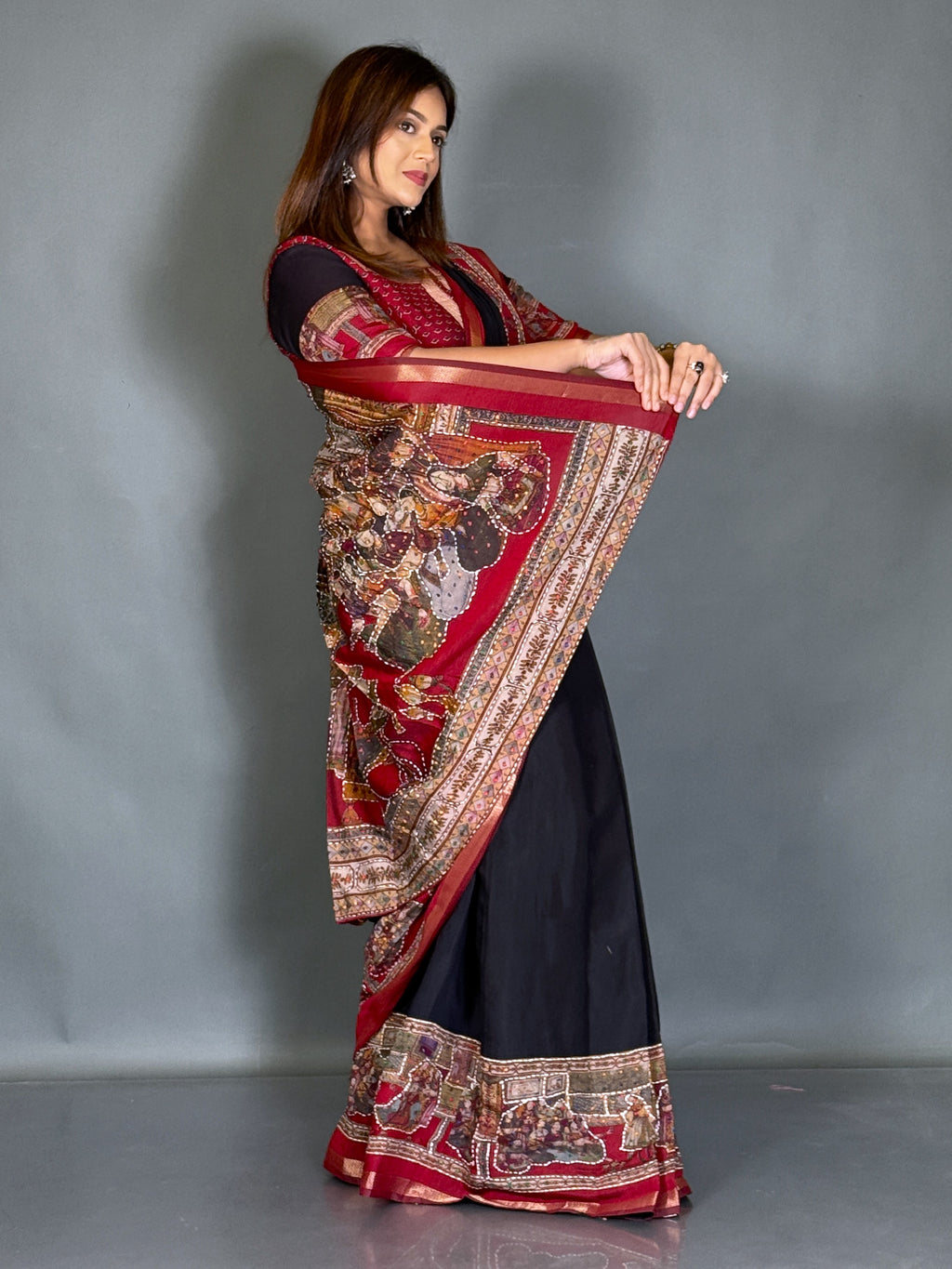 Kaalika Black & Maroon Kalamkari Chanderi Insta Saree Set