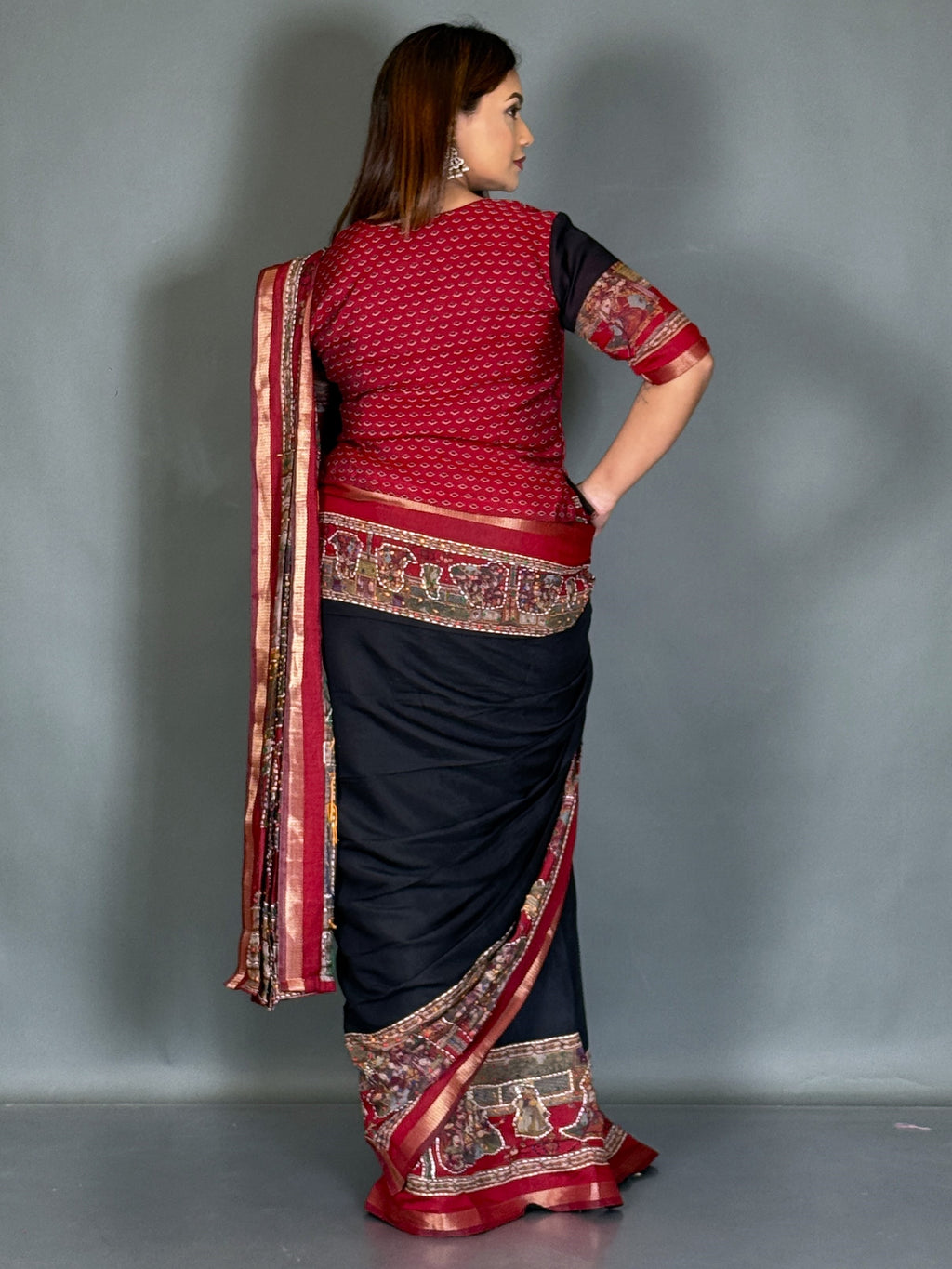 Kaalika Black & Maroon Kalamkari Chanderi Insta Saree Set