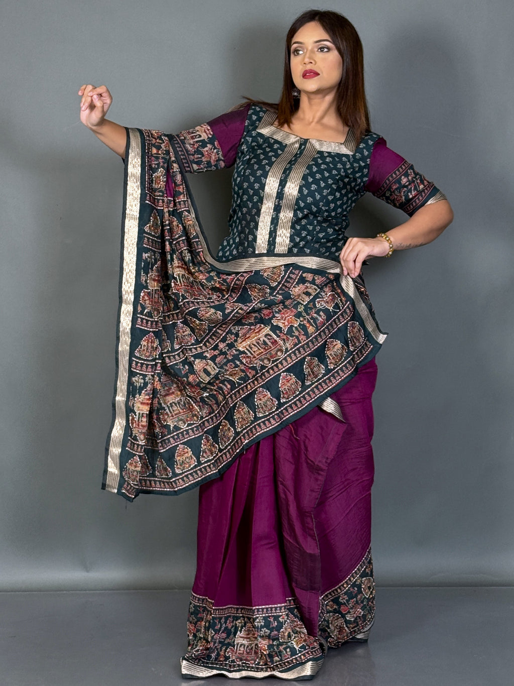 Aabha Wine & Green Kalamkari Chanderi Insta Saree Set