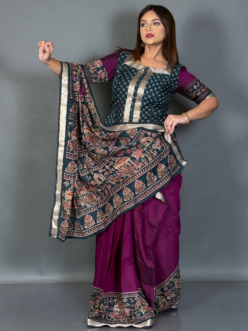 Aabha Wine & Green Kalamkari Chanderi Insta Saree Set