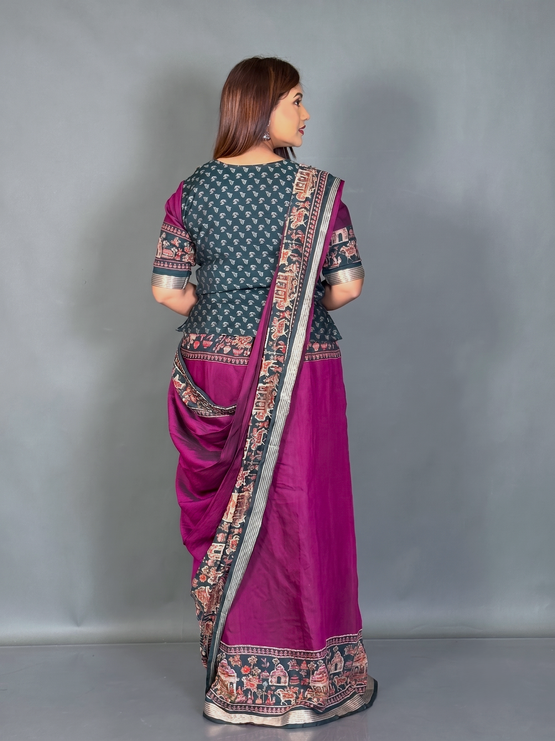Aabha Wine & Green Kalamkari Chanderi Insta Saree Set